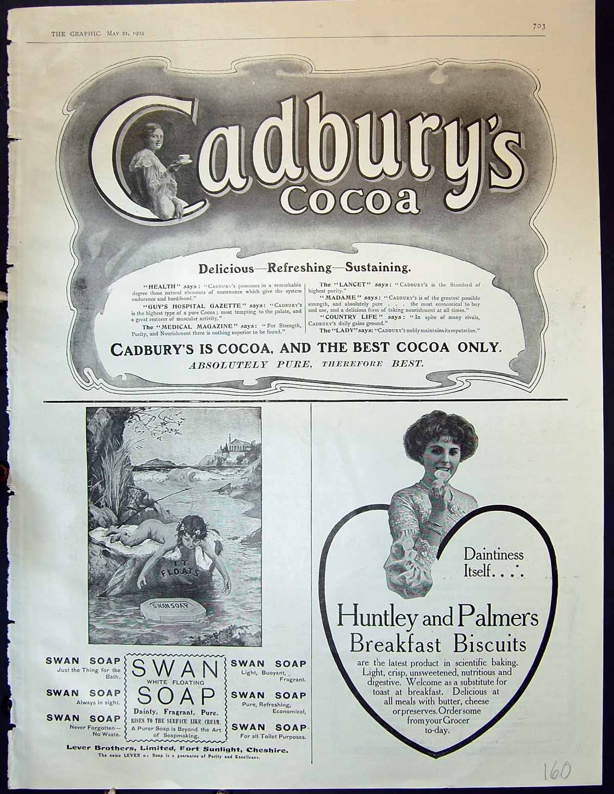 Old Antique Print 1904 Cadbury'S Cocoa Swan Soap Huntley Palmer Biscuits 20th