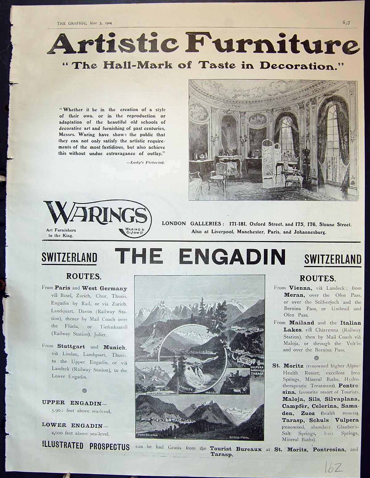 Antique Old Print 1904 Warings Furniture Engadin Switzerland Advertisement 20th