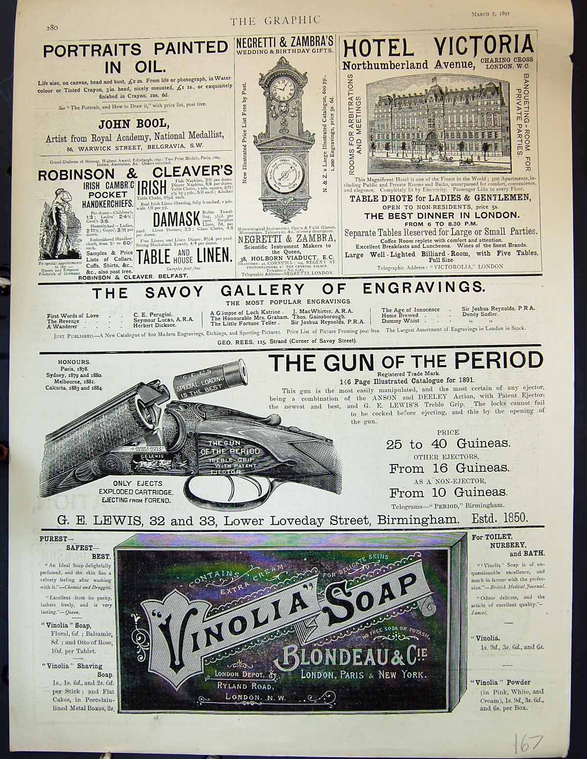 Old 1891 Hotel Victoria Vinolia Soap Lewis Gun Negretti Zambra Damask Victorian