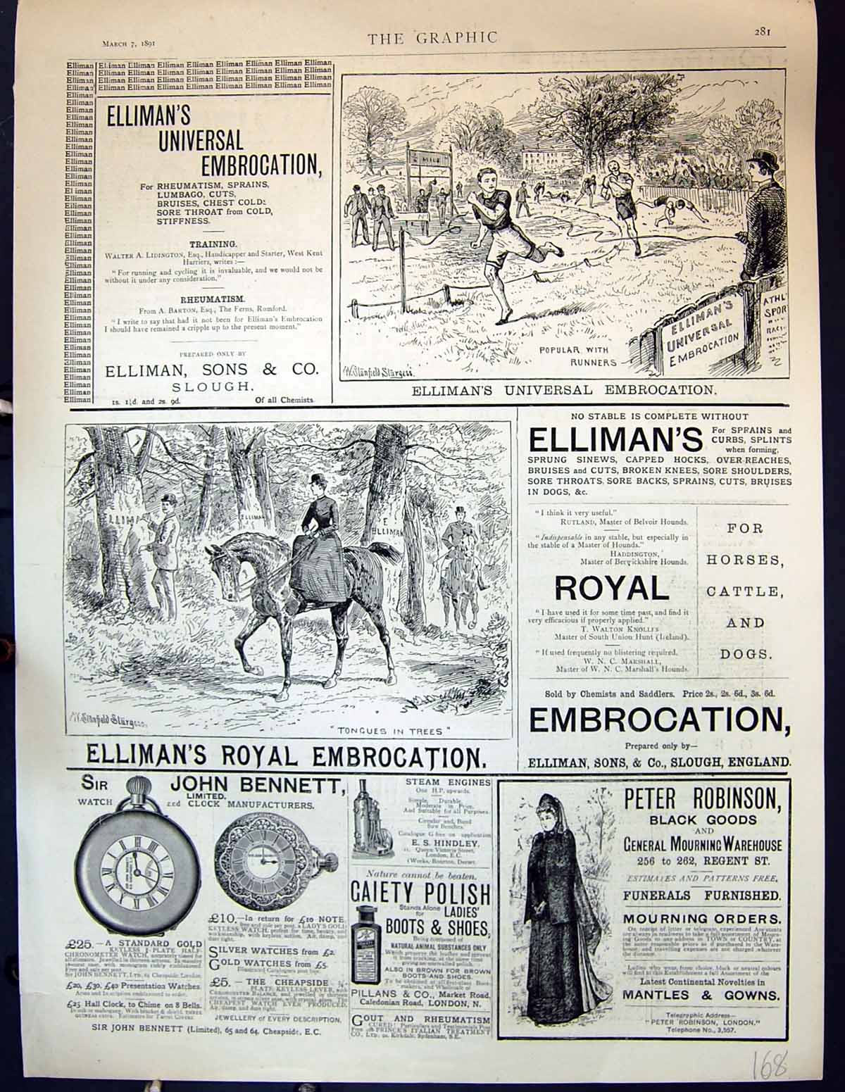 Old 1891 Ellimans Embrocation Bennett Watches Robinson Pillans Polish Victorian
