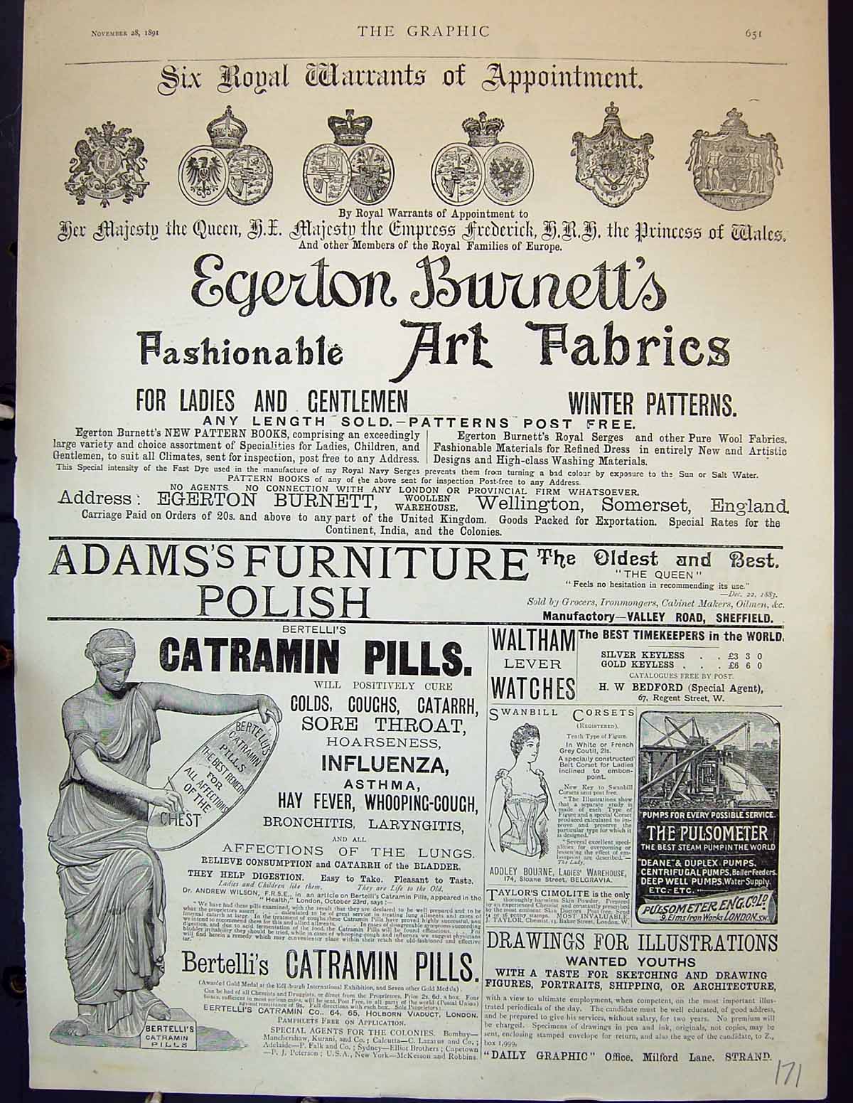 Antique Old Print Egerton Burnett Catramin Pills Waltham Watches Polish 1891