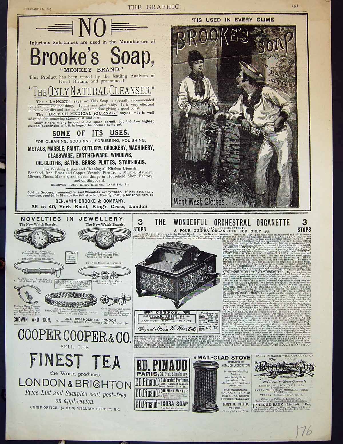 Antique Print 1889 Brookes Monkey Brand Soap Godwin Jewllery Cooper Pinaud 19th