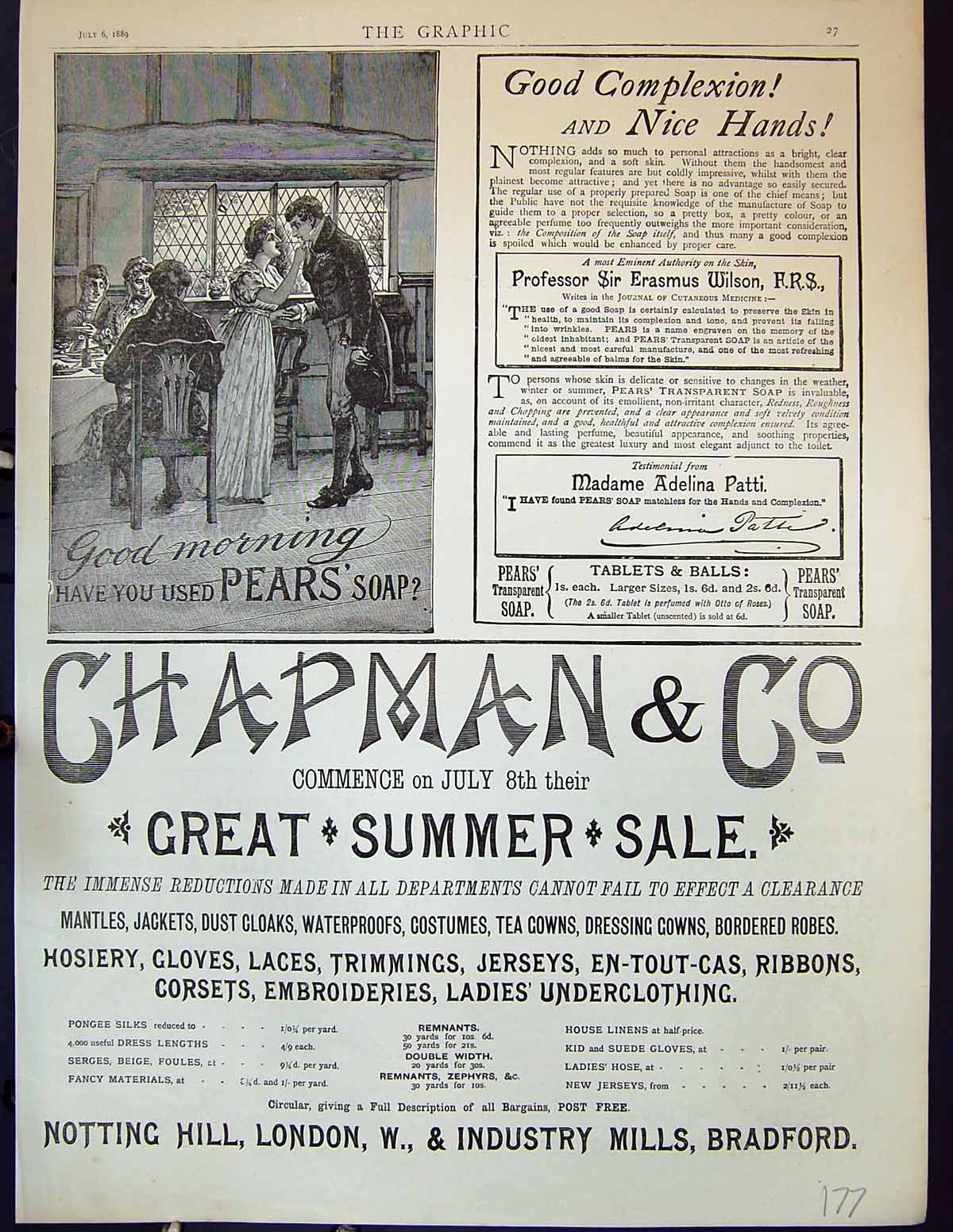 Antique Old Print Pears Transparent Soap Chapman Notting Hill Bradford 1889