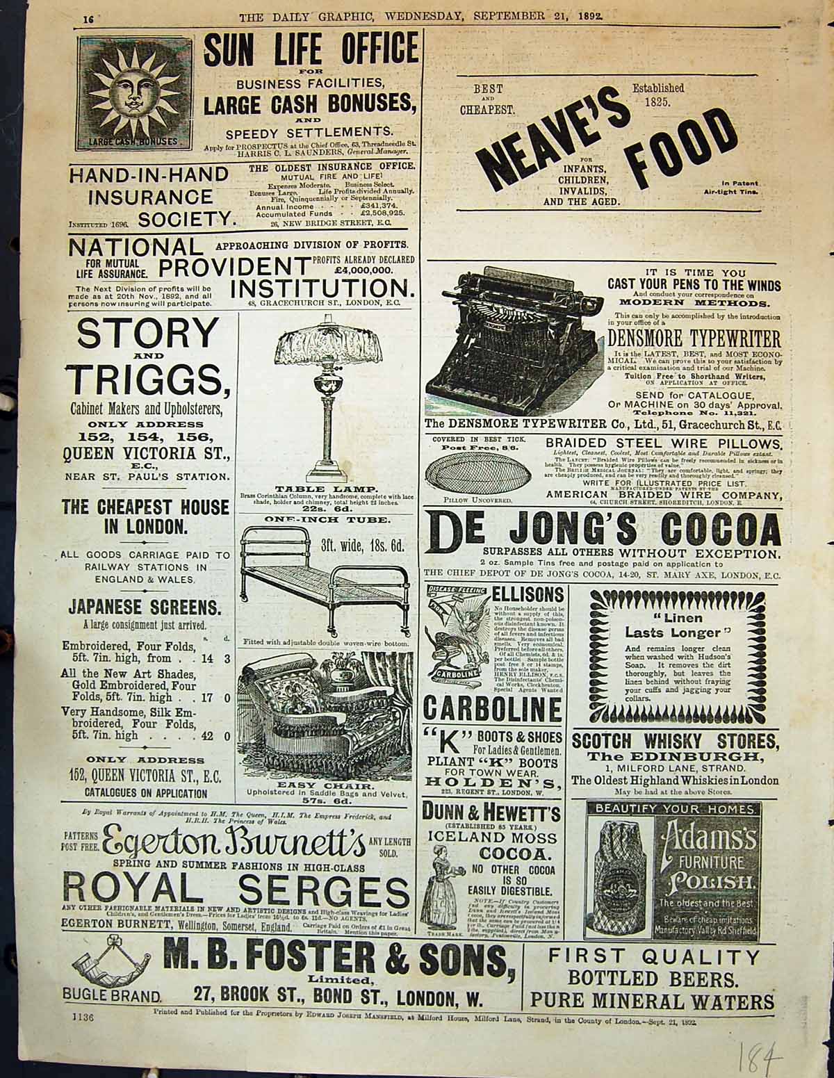 Old Print Advertisement Neave'S Food Sun Life Egerton Burnett Serges 1892 19th