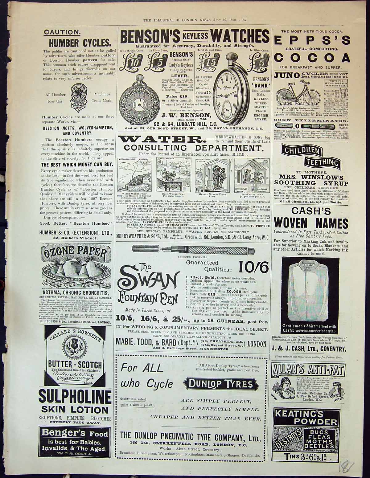 Antique Print 1898 Bensons Watches Swan Pen Dunlop Tyre Benger'S Food Cash 19th
