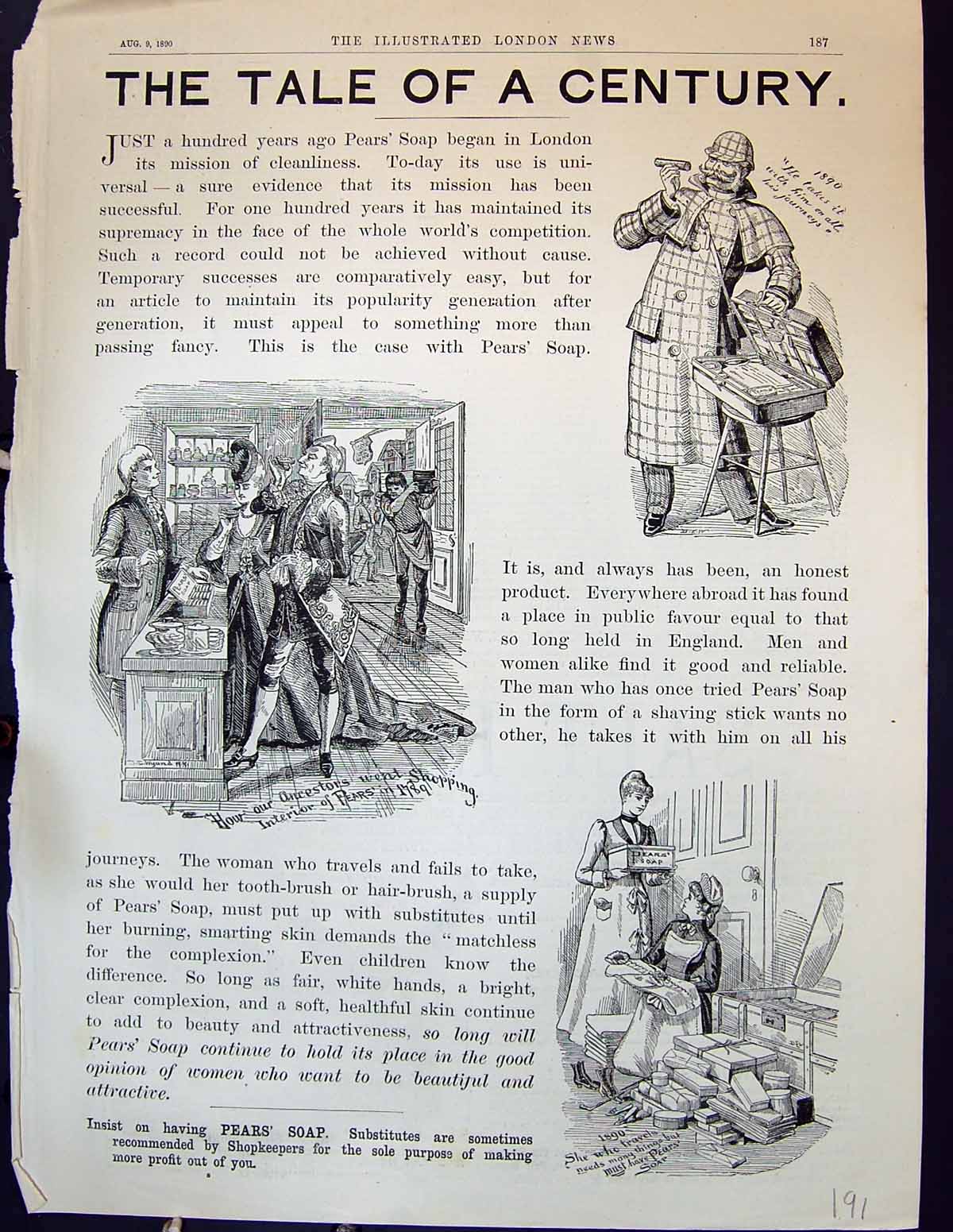 Original Old Antique Print 1890 Advertisement Pears Soap Story Shopkeeper 19th