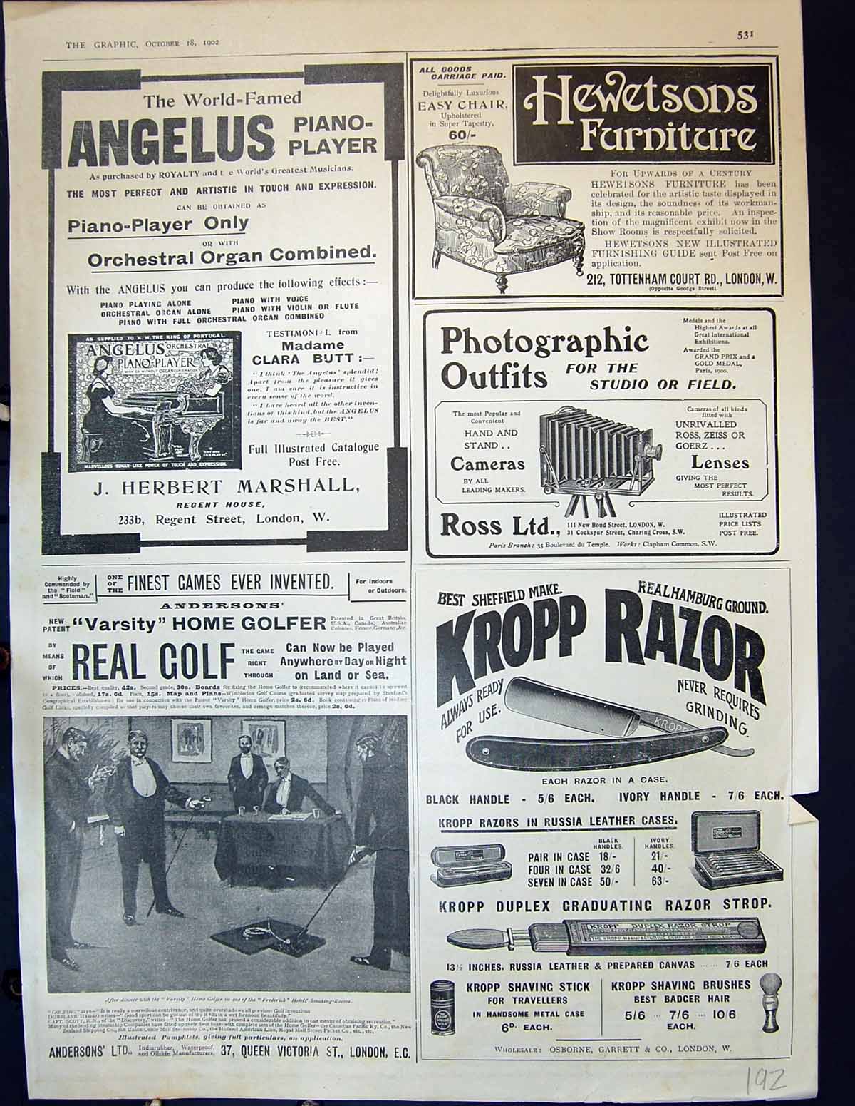 Antique Old Print Kropp Razor Andersons GAngelus Piano Marshall Hewetson 1902