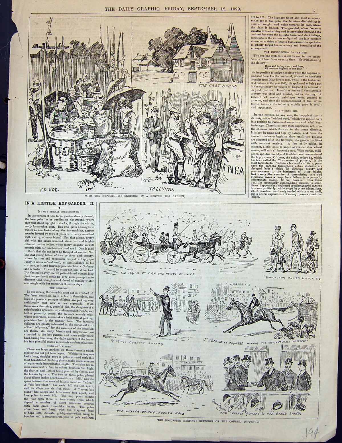 Antique Print 1890 Kentish Hop Garden Hoppers Doncaster Horse Racing Sport 19th