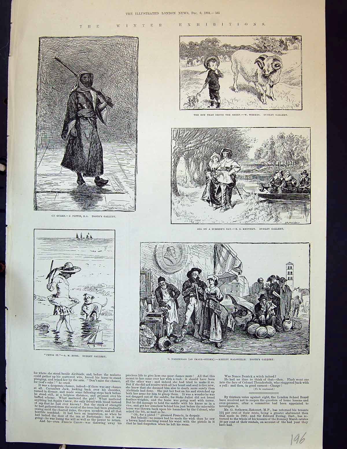 Old 1884 Winter Art Exhibition Guard Little Girl Dog Stick Image-Sell Victorian