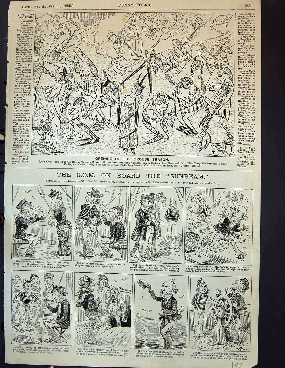 Old Antique Print 1885 Grouse Season Hunting G.O.M. Sunbeam Ship Comedy 19th