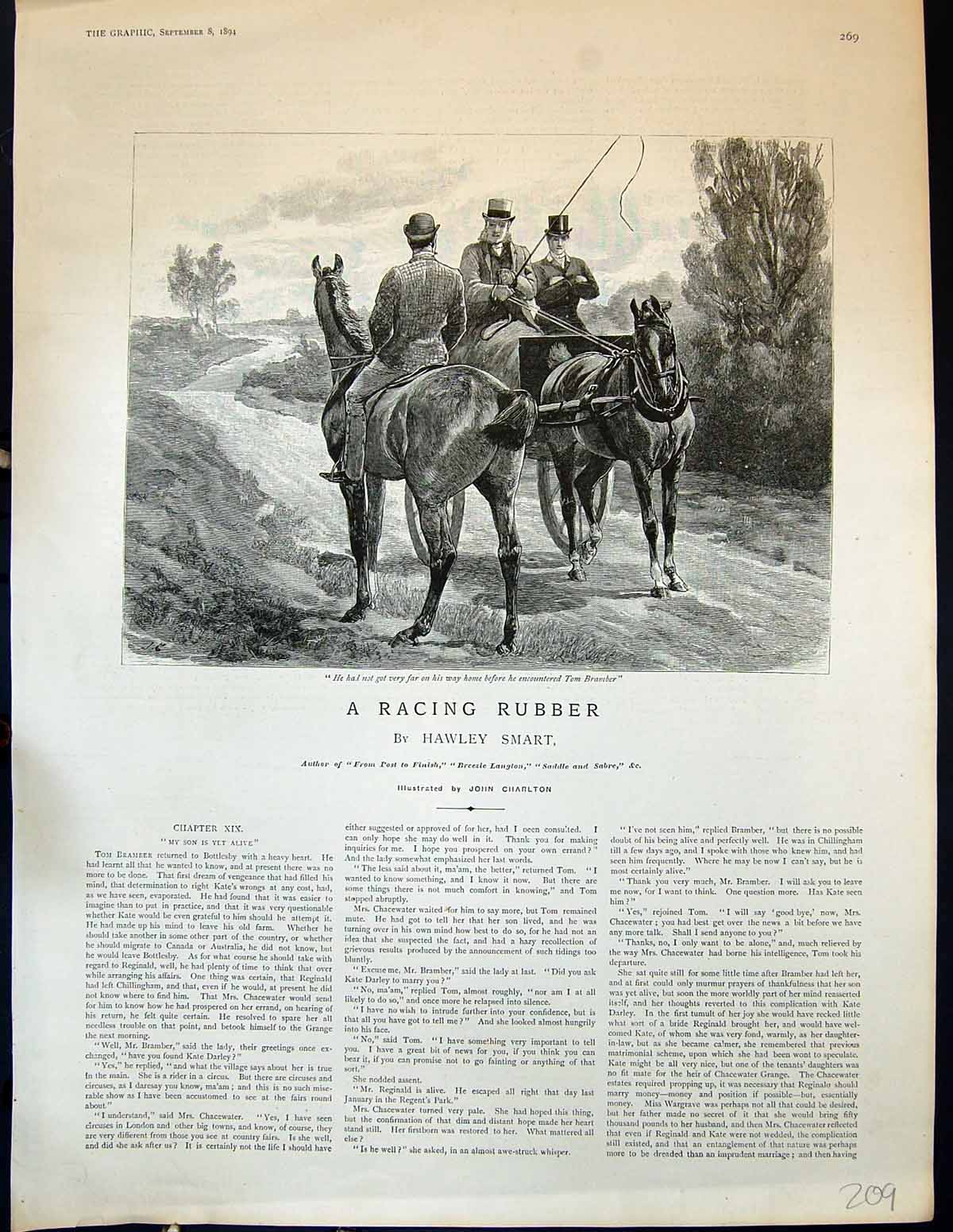 Old Antique Print 1894 Tom Bramber Horses Cart John Charlton Illustration 19th