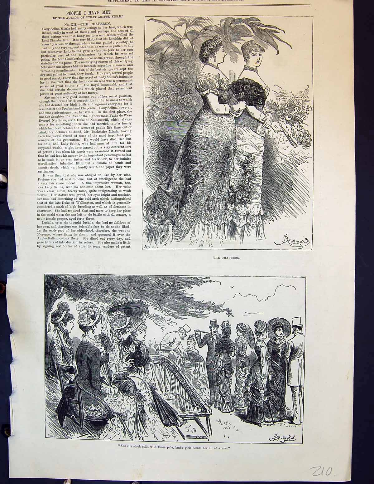 Original Old Antique Print 1880 Chaperon Ladies Fashion Dresses Romance 19th