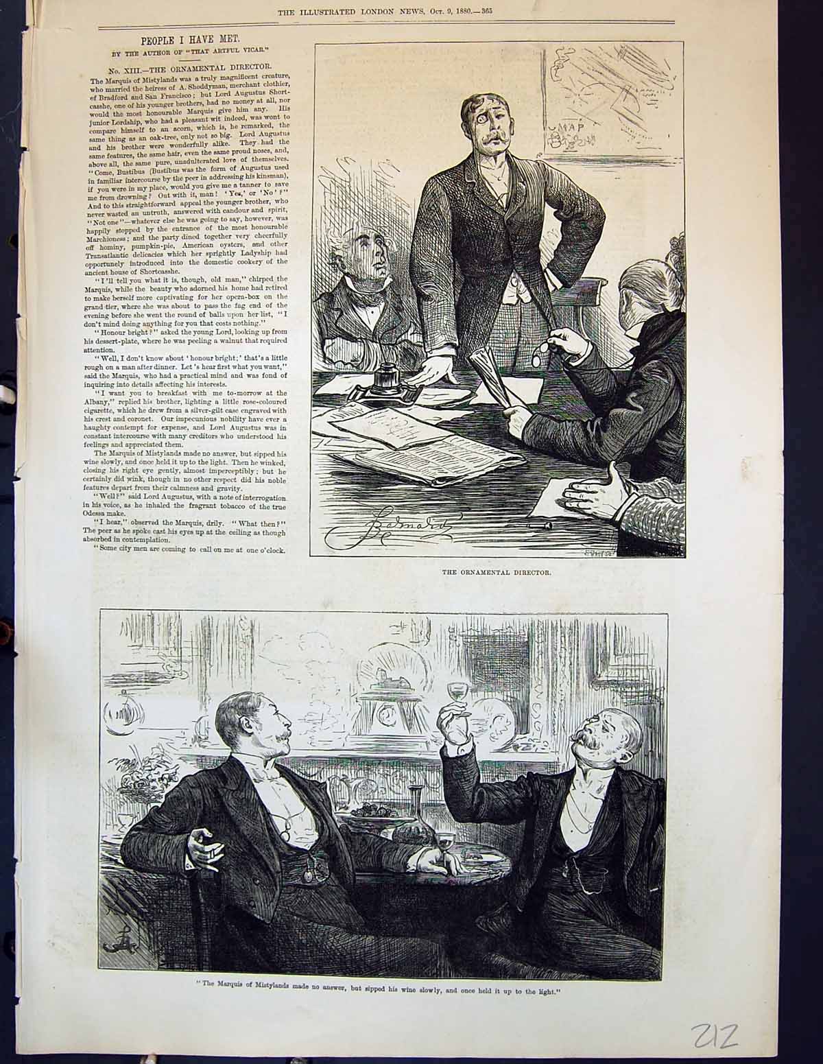 Antique Old Print 1880 Ornamental Director Marquis Mistylands Men Drinking 19th