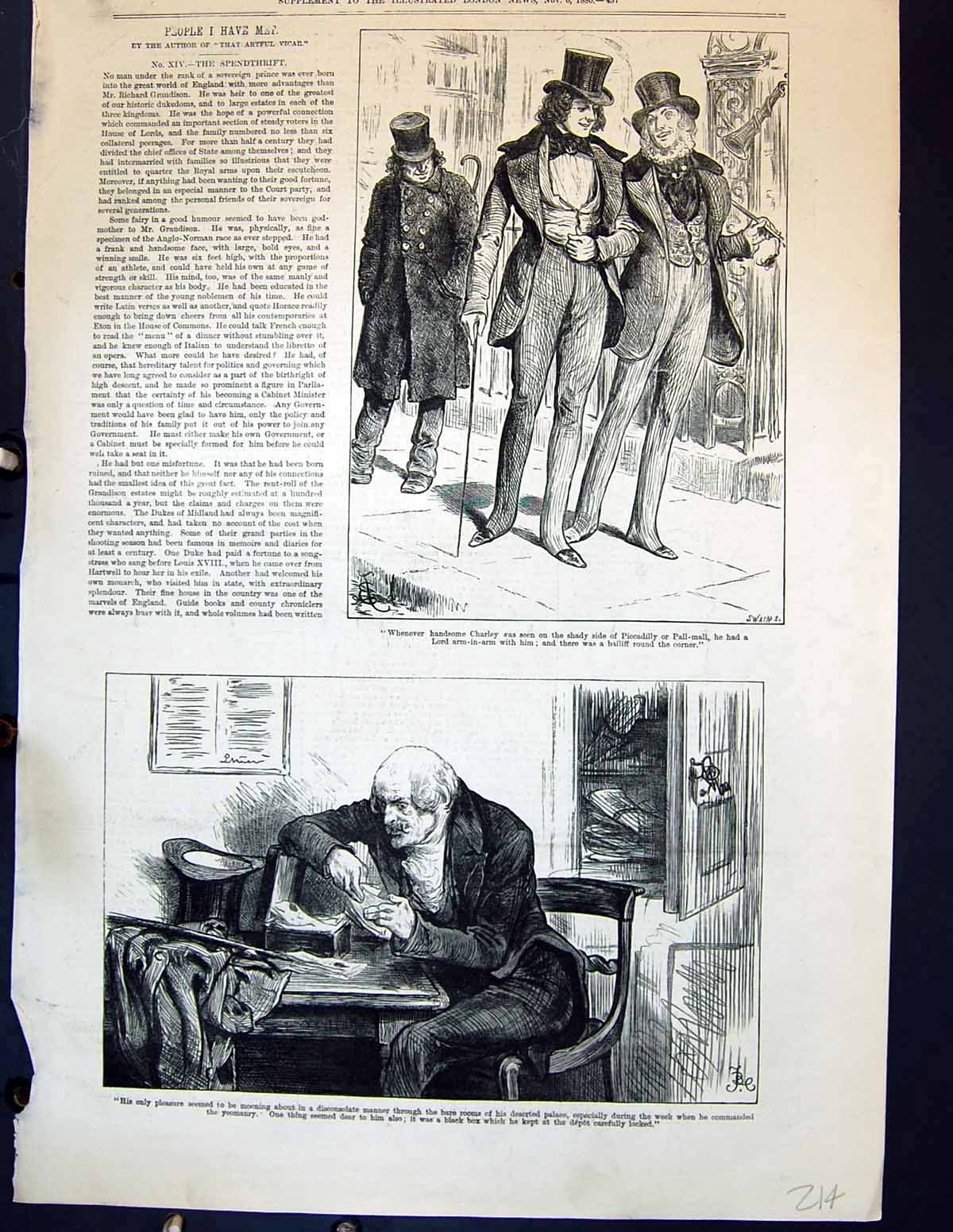 Old Print 1880 Spendthrift Charley Piccadilly Pall-Mall Men Table Letter 19th