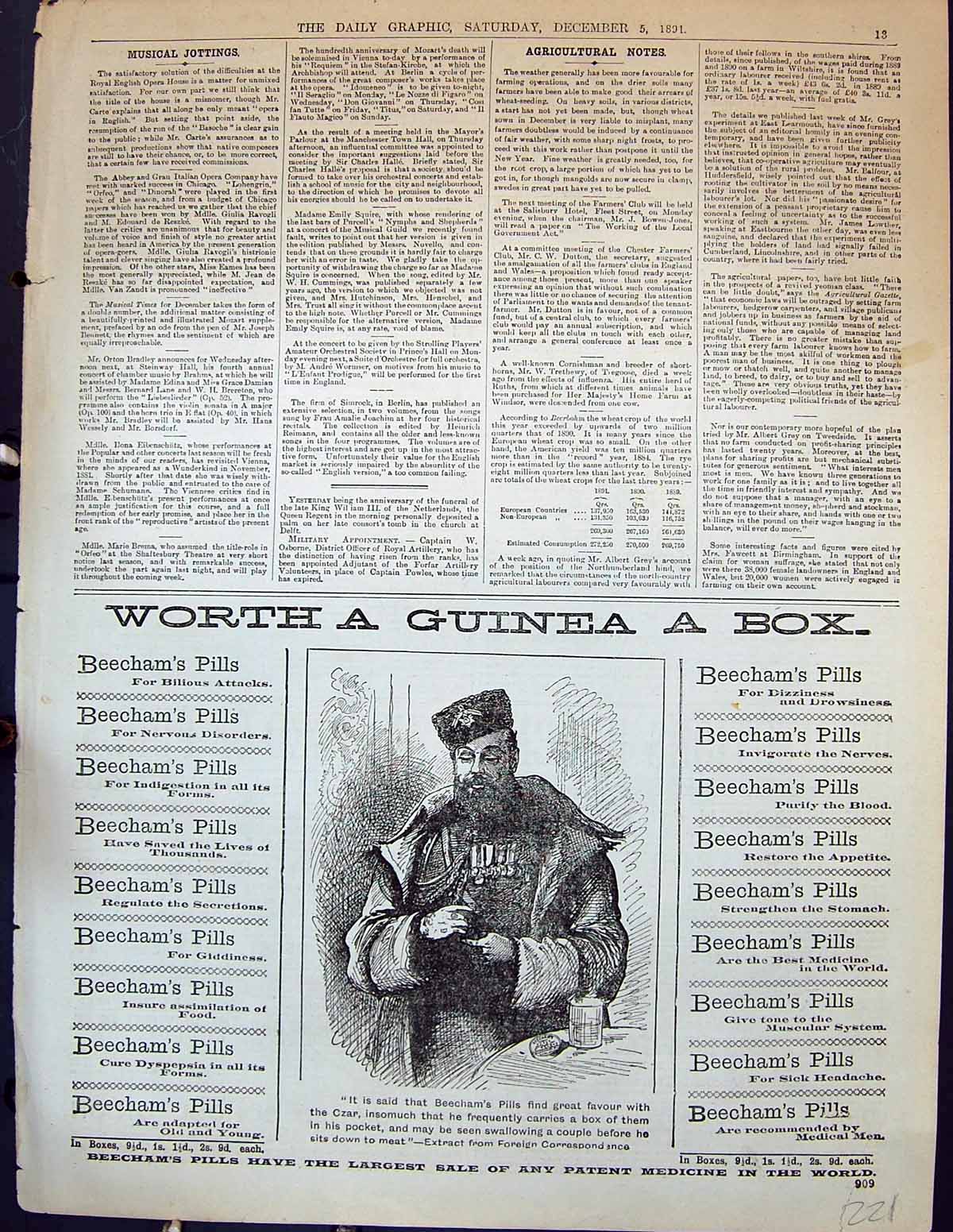 Original Old Antique Print 1891 Advertisement Beechams Pills Medicine Victorian