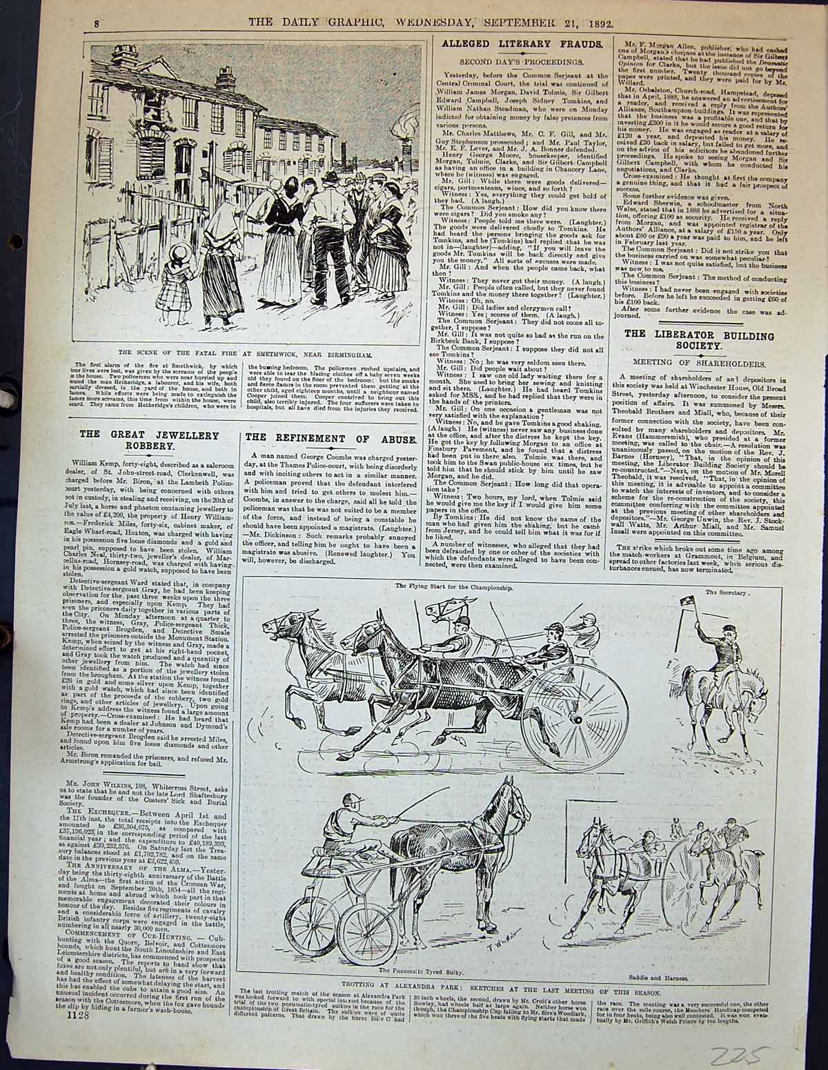 Antique Print Horses Trotting Alexandra Park Fire Smethwick Birmingham 1892