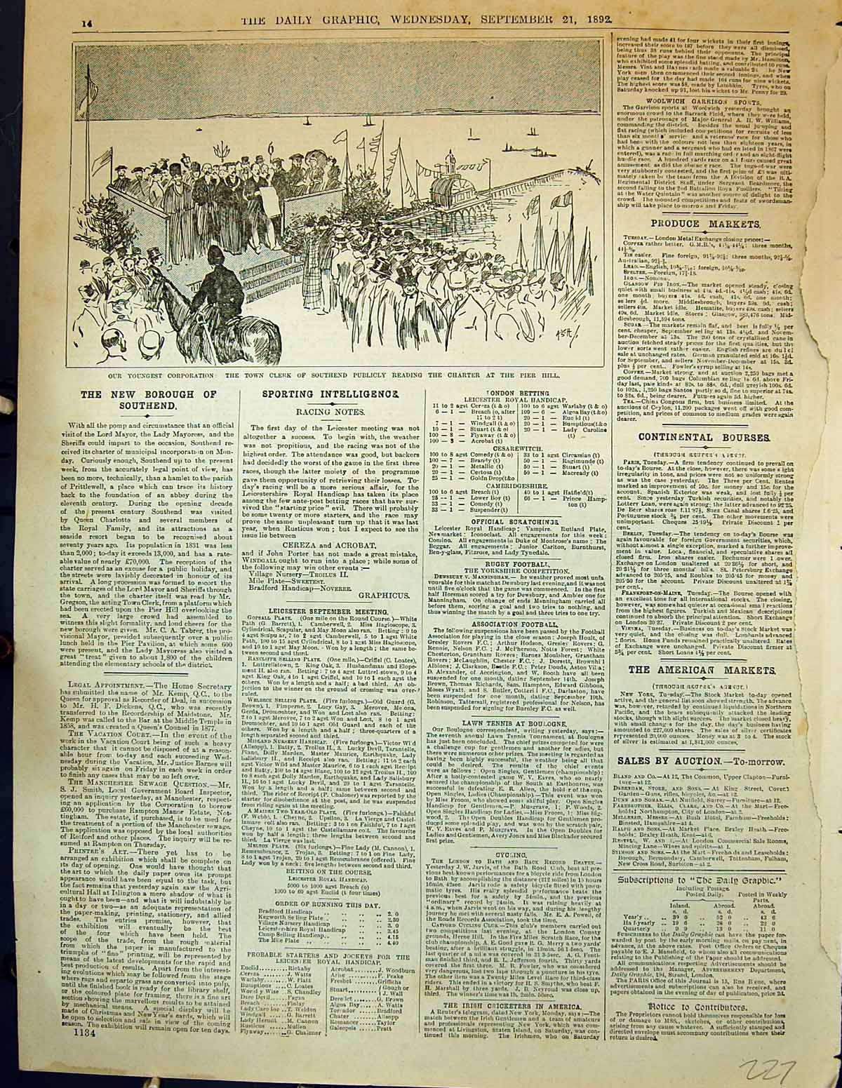 Old Antique Print 1892 Youngest Corporation Town Clerk Charter Pier Hill 19th