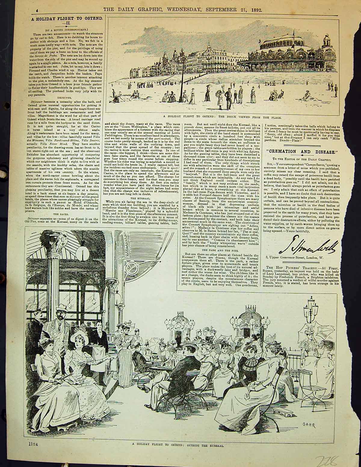 Old Print 1892 Ostend Digue Plage Kursaal Holiday Tourists Seaside Scene 19th