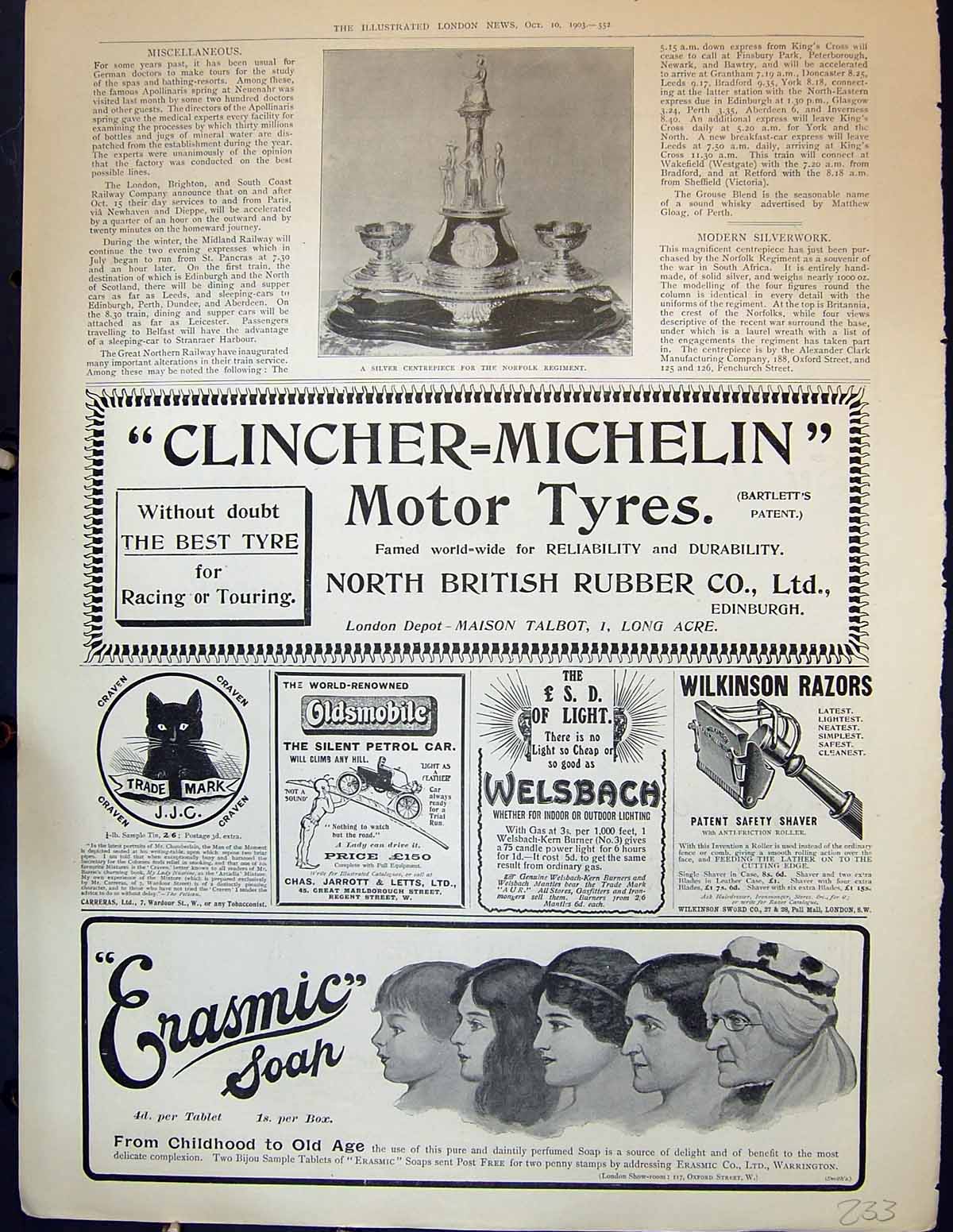 Old 1903 Silver Centrepiece Norfolk Regiment Erasmic Soap Michelin Ra 20th
