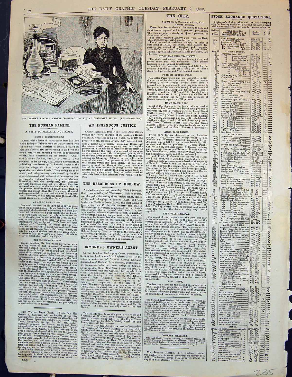 Original Old Antique Print 1892 Russian Famine Madame Novikf Claridges Hotel