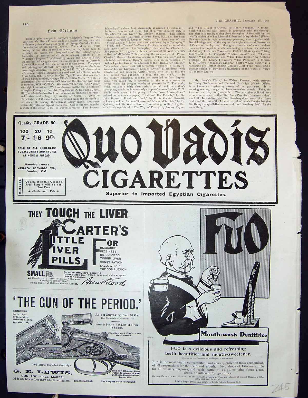 Antique Old Print 1905 Advertisement Cigarettes Fuo Carters Pills Lewis Gun
