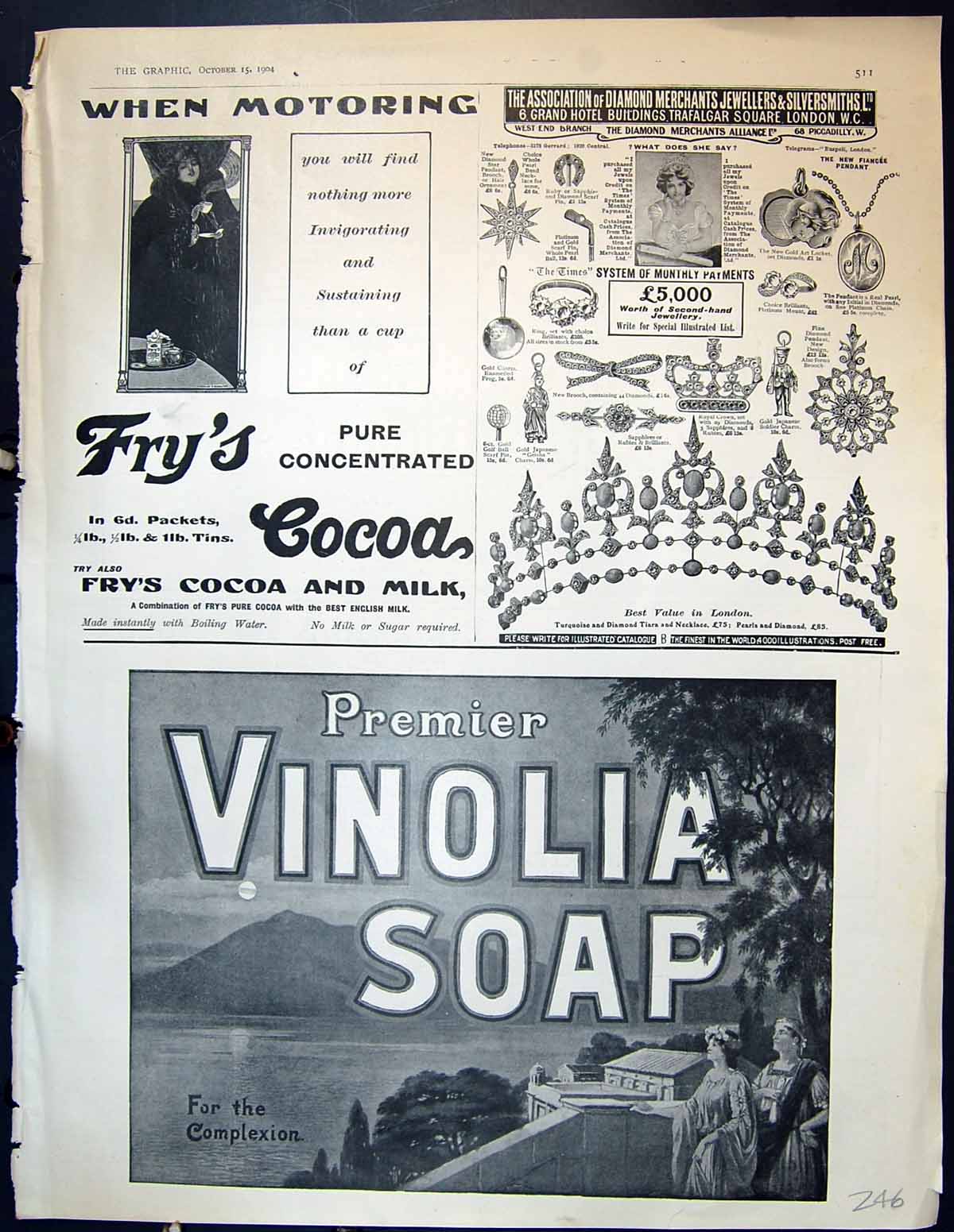 Antique Print 1904 Advertisement Fry'S Cocoa Diamon Merchants Vinolia Soap