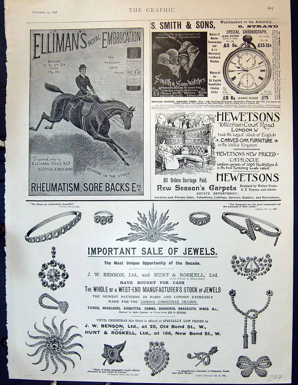 Antique Print 1898 Ellimans Embrocation Smith Watches Hewetsons Jewellery 19th