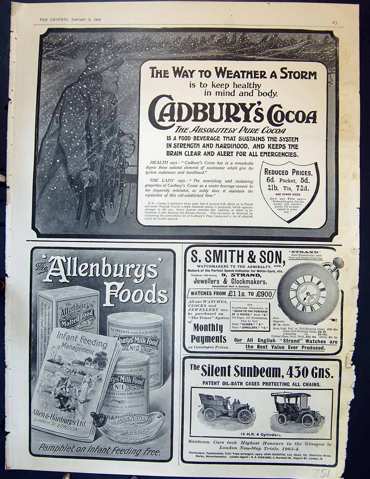 Old 1905 Cadbury'S Cocoa Smith Watches Allenbury'S Food Sunbeam Car 20th