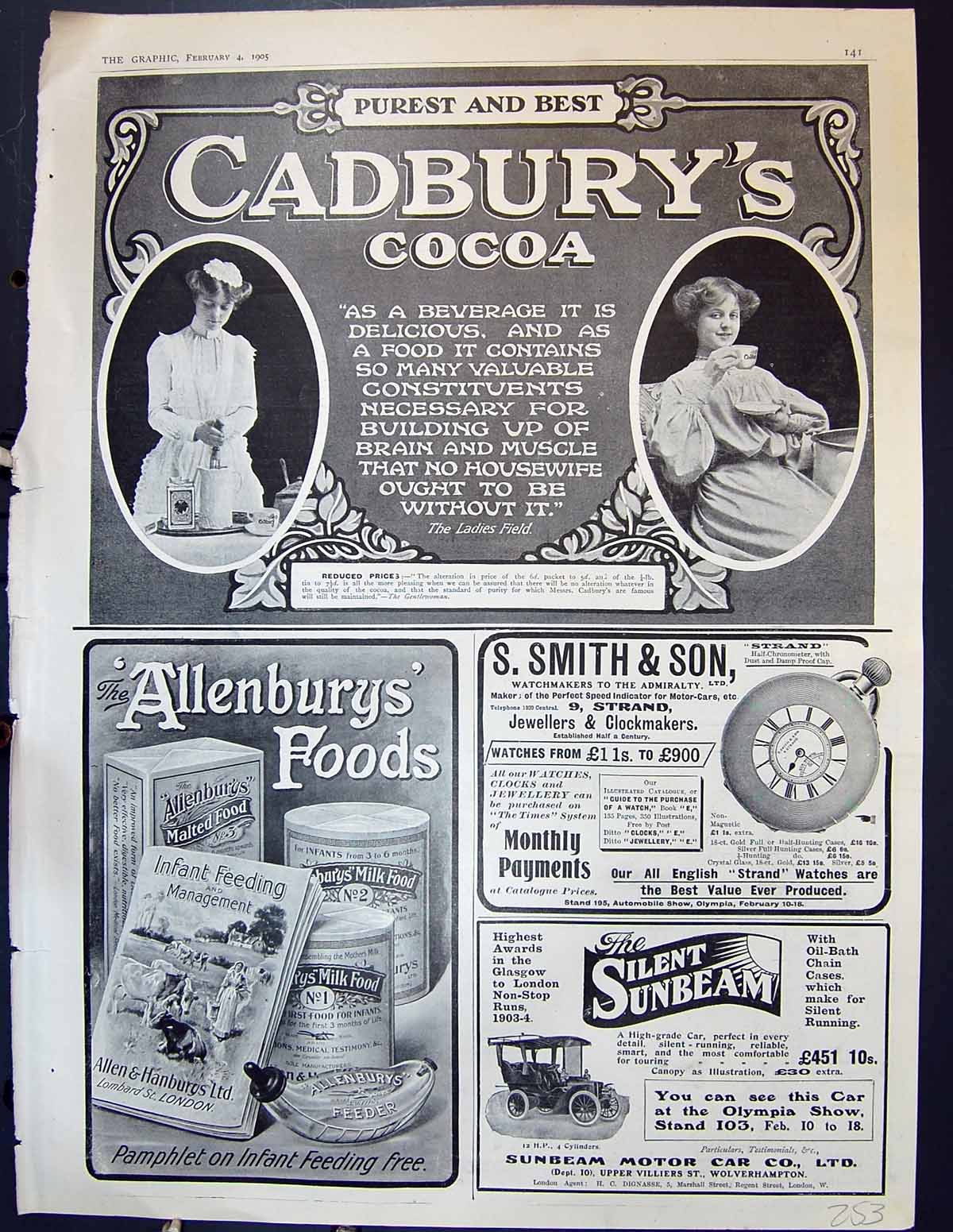 Old Print 1905 Cabdurys Cocoa Smith Watches Allenbury Sunbeam Car Argyll 20th