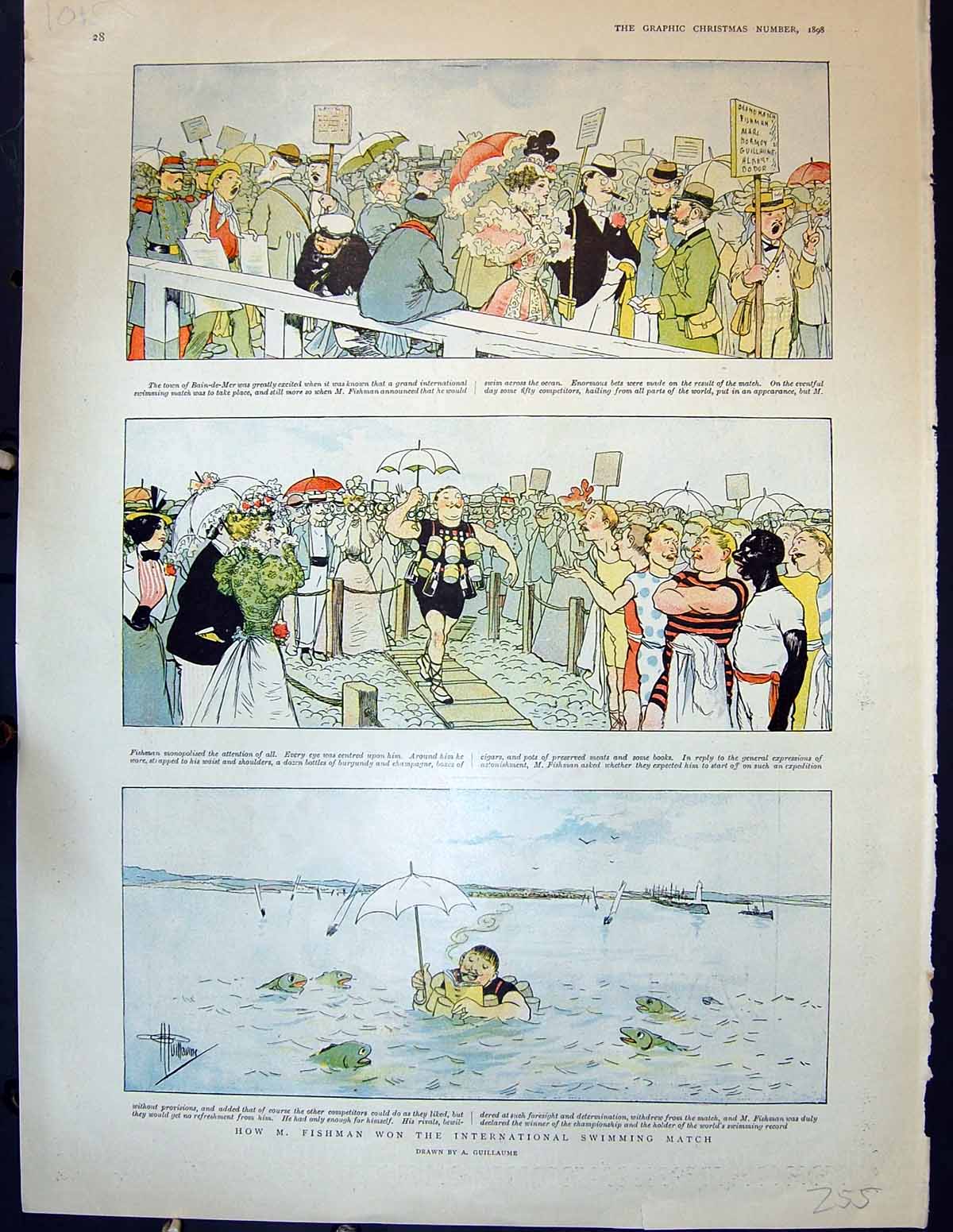 Old Print 1898 Fishman International Swimming Match Ellimans Embrocation 19th