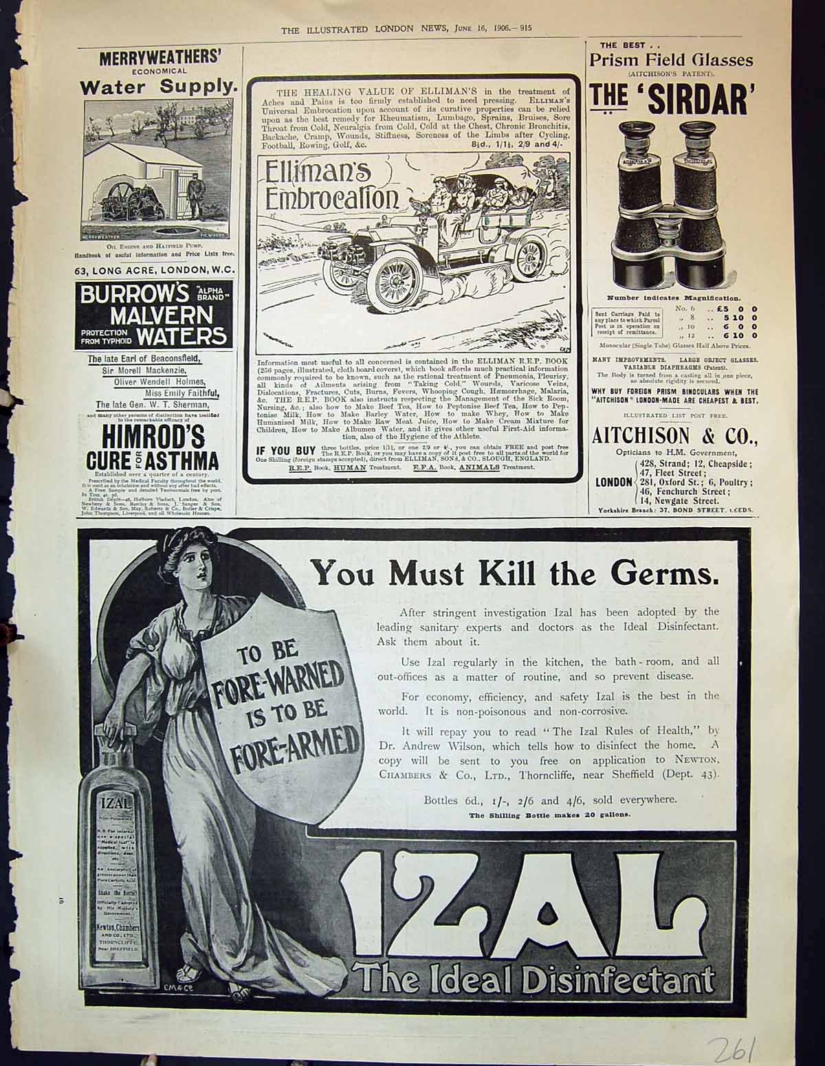 Old 1906 Sirdar Aitchison Izal Ellimans Embrocation Beechams Pills Er 20th