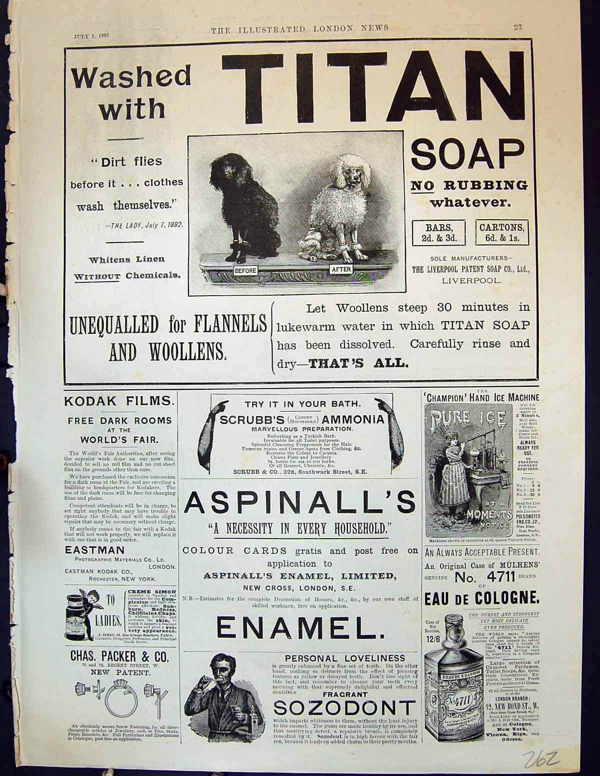 Old 1893 Titan Soap Aspinall Enamel Sozodont Kodak Hewetsons Allen Ha 19th