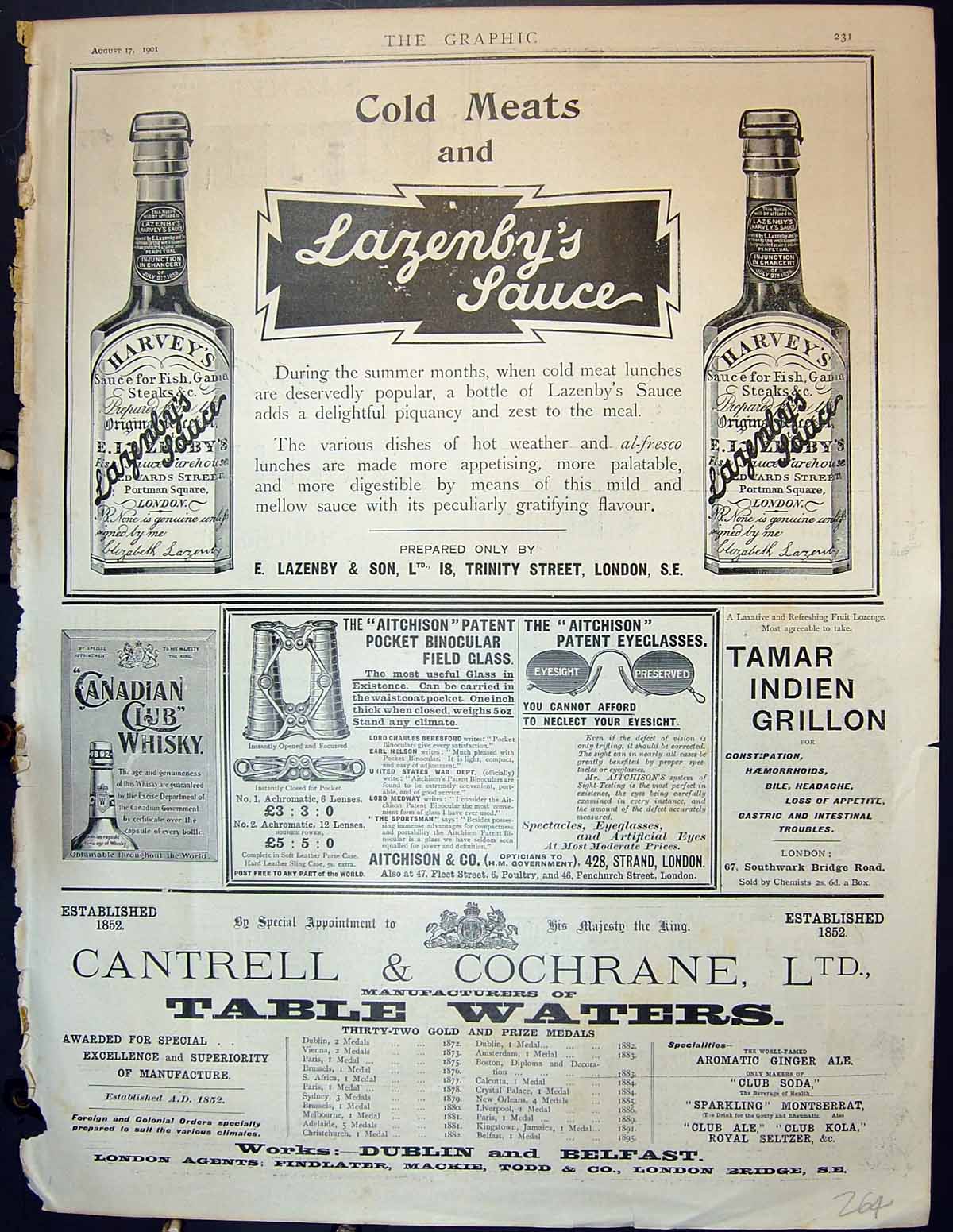 Old 1901 Lazenby Sauce Cantrell Table Water Binoculars Whisky Cigaret 20th