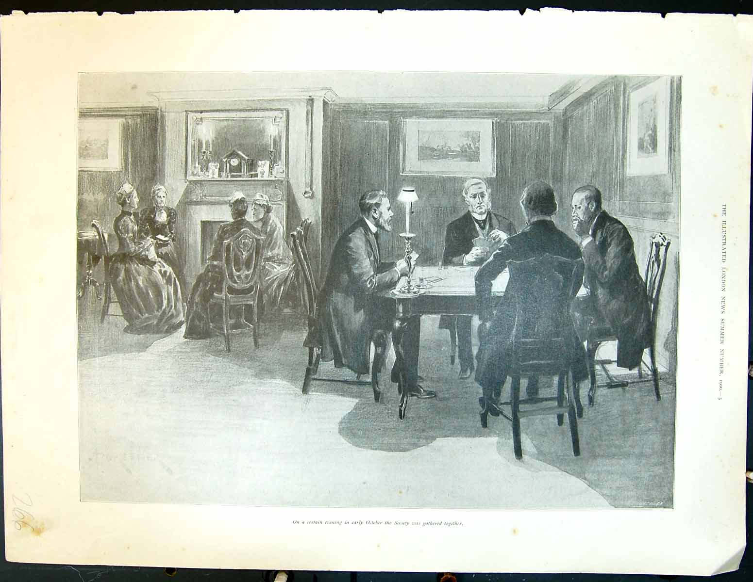 Original Old Antique Print 1900 Men Table Meeting Playing Cards Society 20th