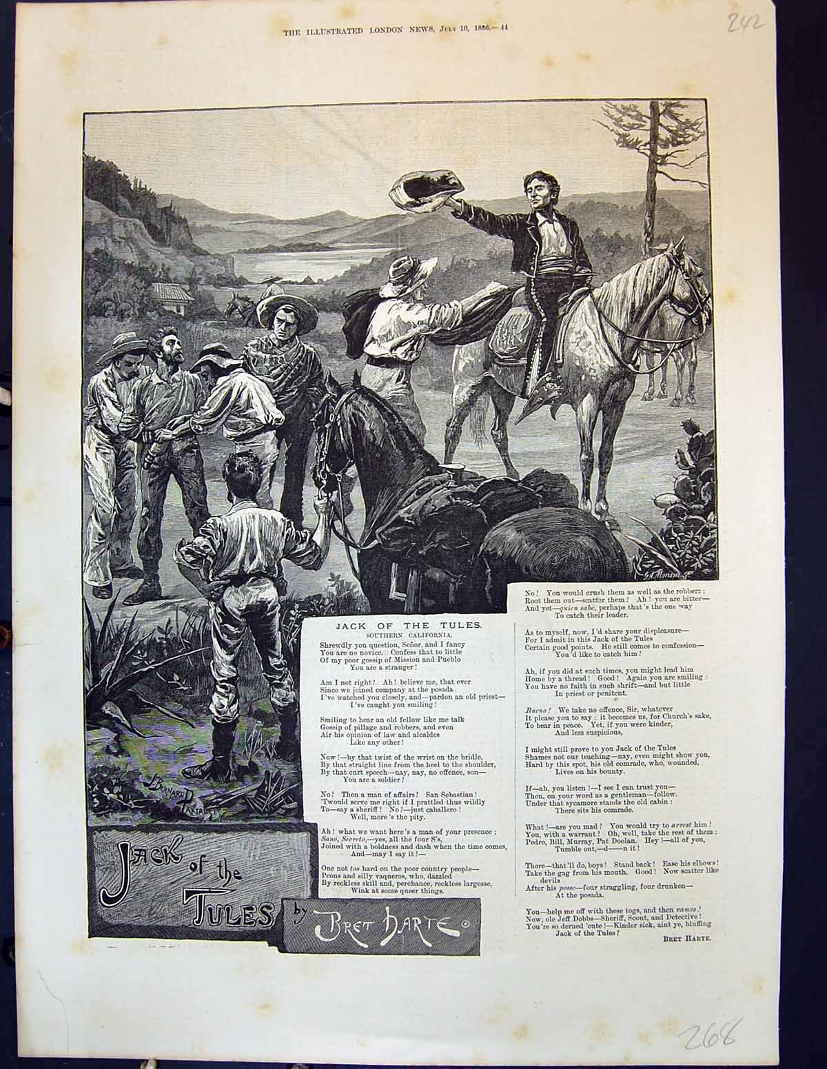 Original Old Antique Print 1856 Jack Tules Southern California Bret Harte 19th
