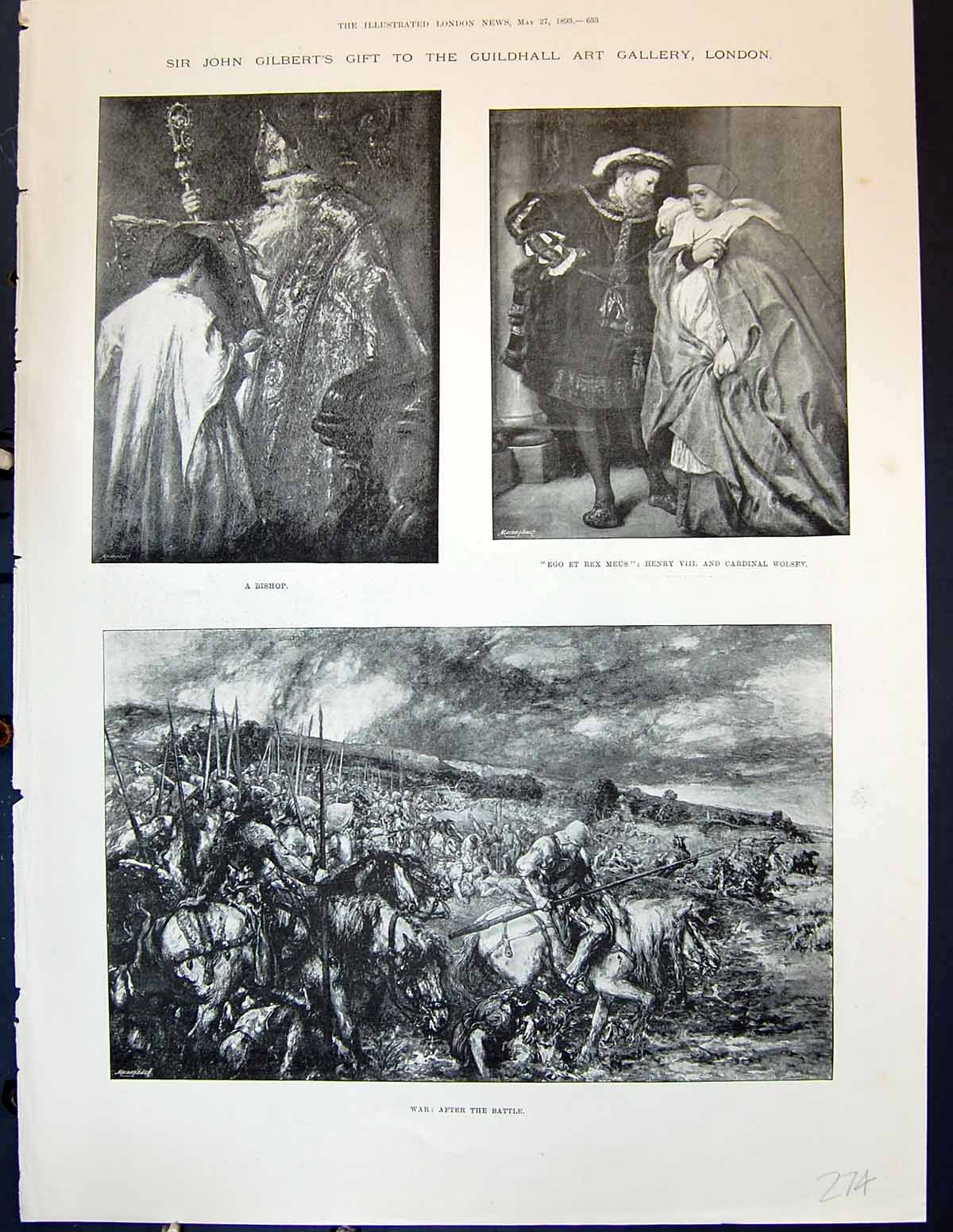 Old Print 1893 John Gilbert Guildhall Art London Bishop Henry Wolsey War 19th