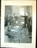 Original Old Antique Print 1900 Scene Bank Men Meeting Outside Street Money