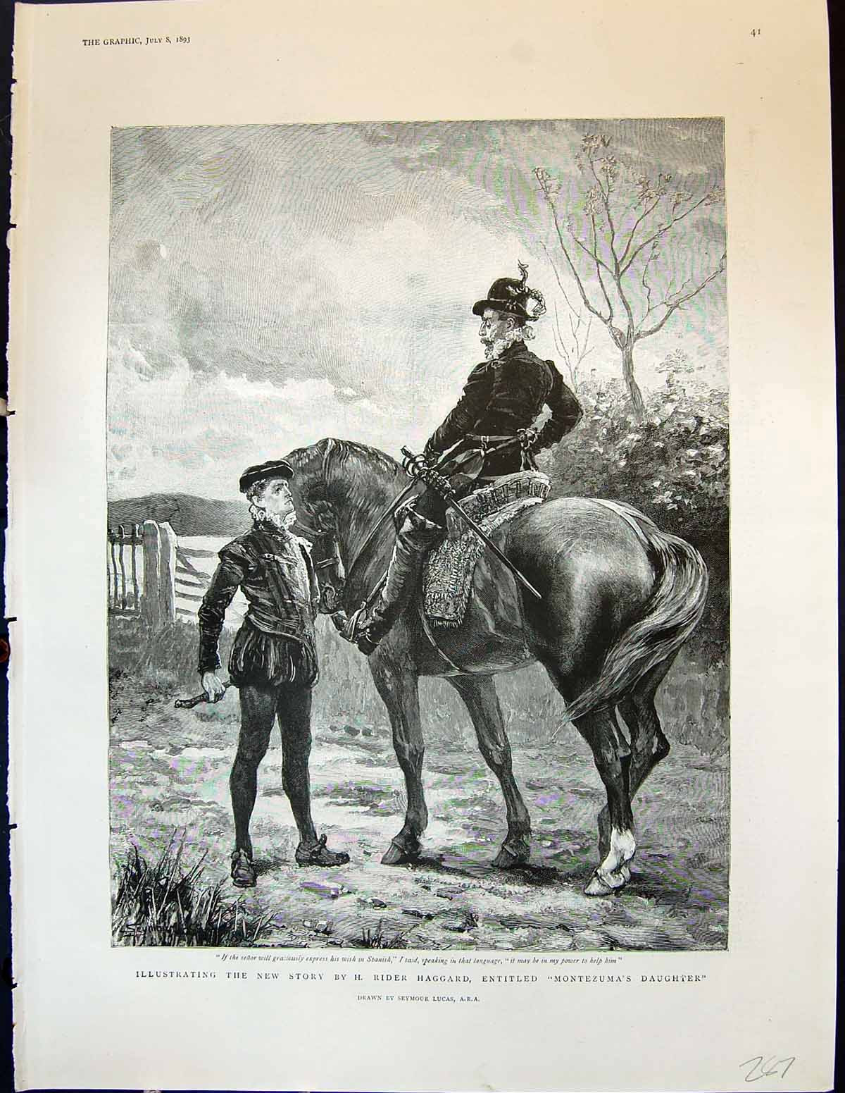 Antique Print 1893 Illustration Story Montezuma Daughter Men Horse Haggard 19th