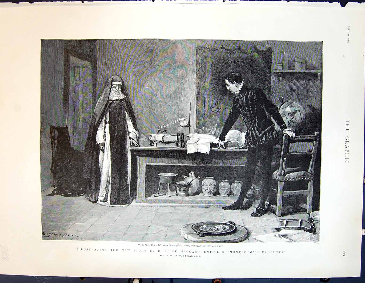 Old Print 1893 Illustration Story Montezuma Daughter Nun Cloak Man Table 19th