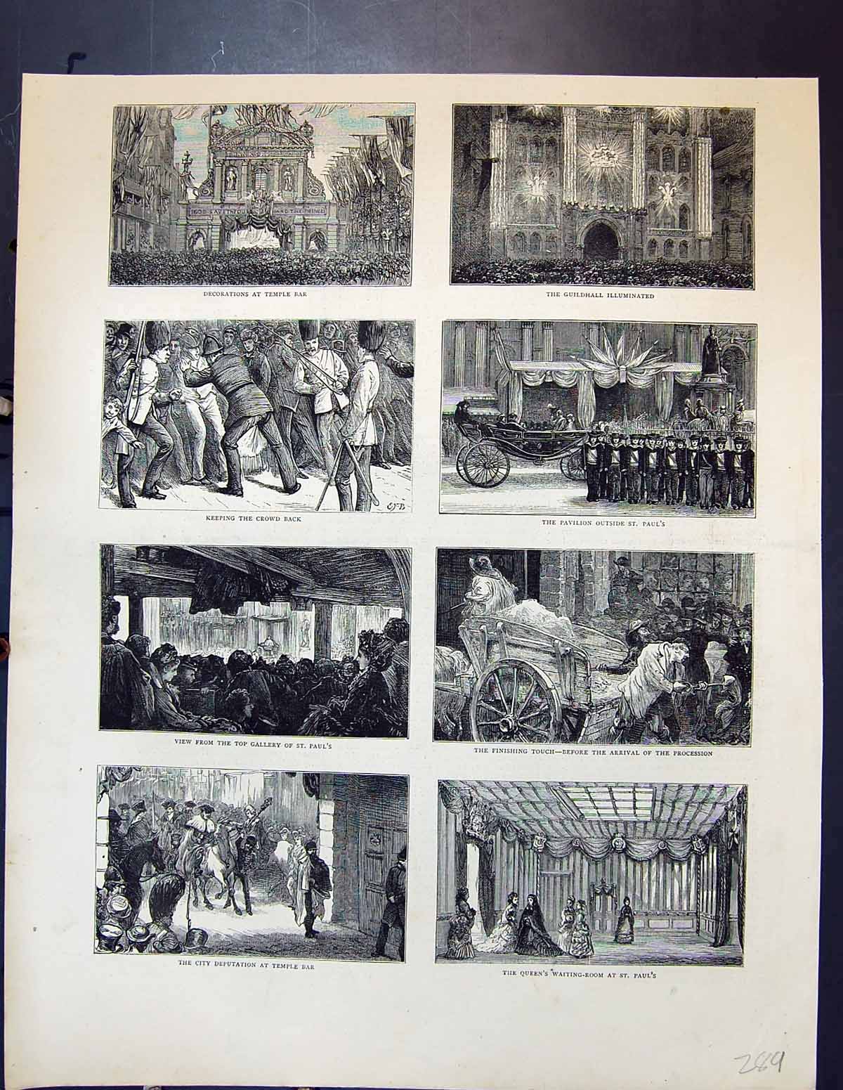 Old Print Temple Bar Guildhall St. Pauls Queen Victoria London Procession