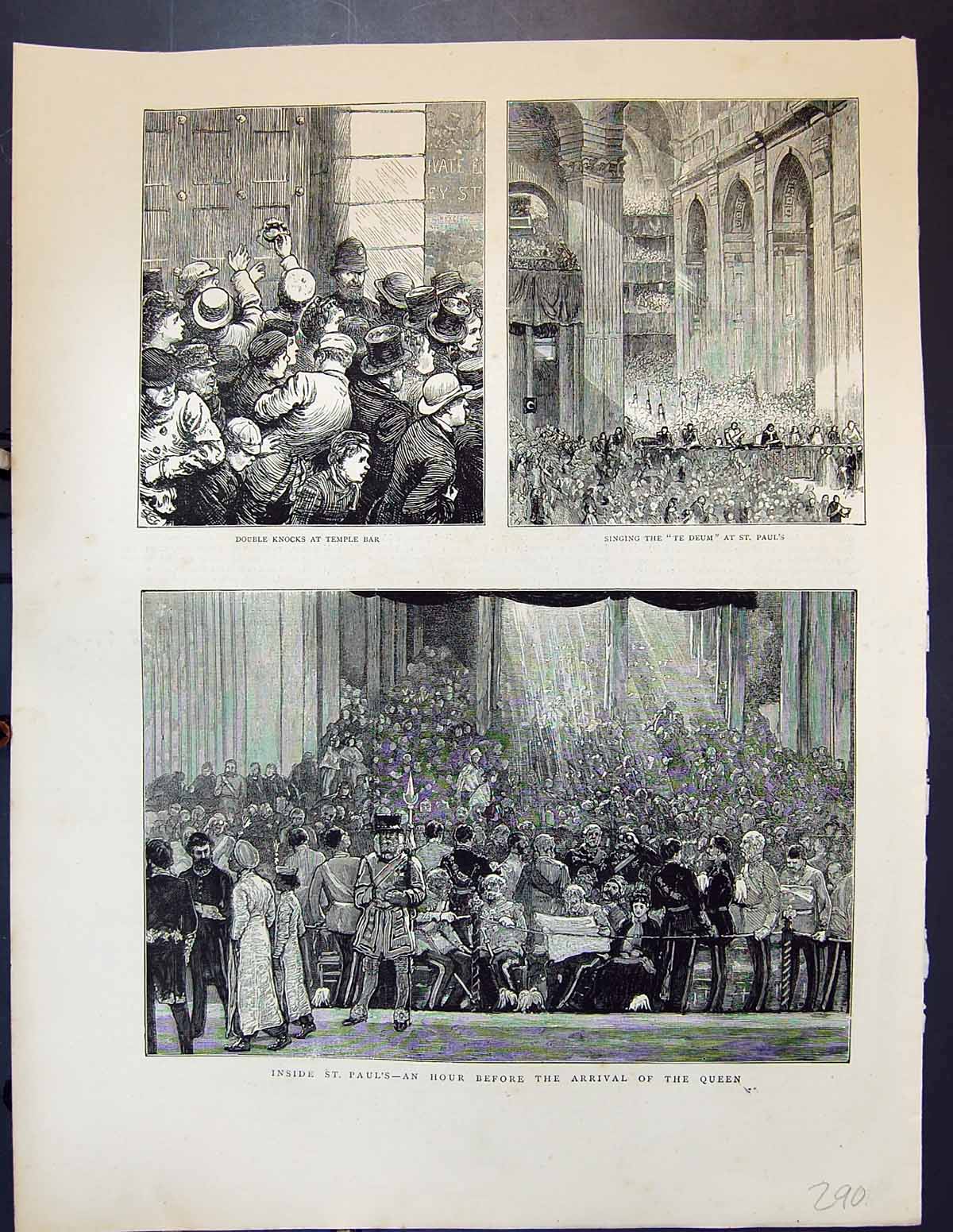 Antique Print Temple Bar London Singing Te Deum St. Paul'S Cathedral Queen