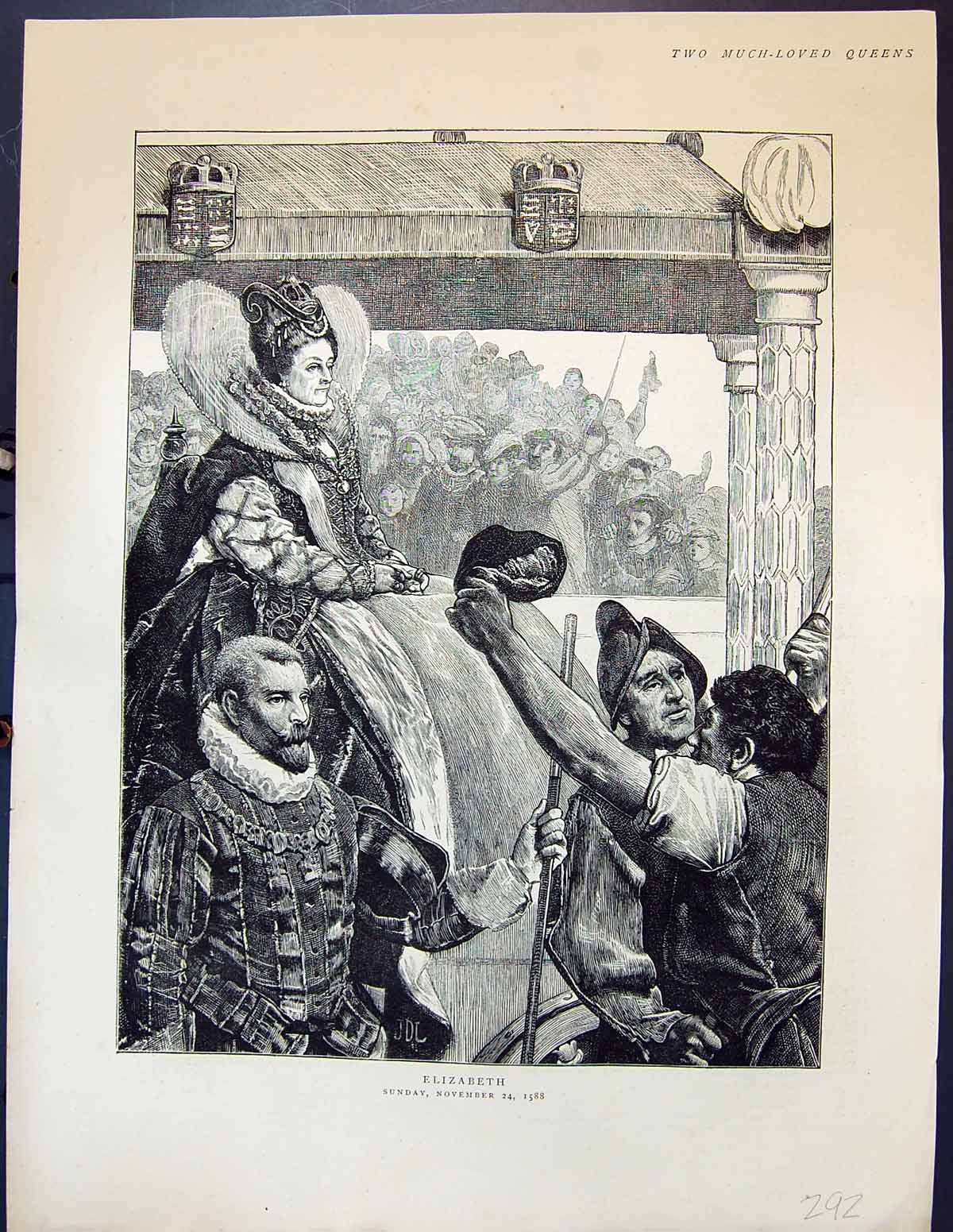 Original Old Antique Print Queen Elizabeth Royal Procession 1588