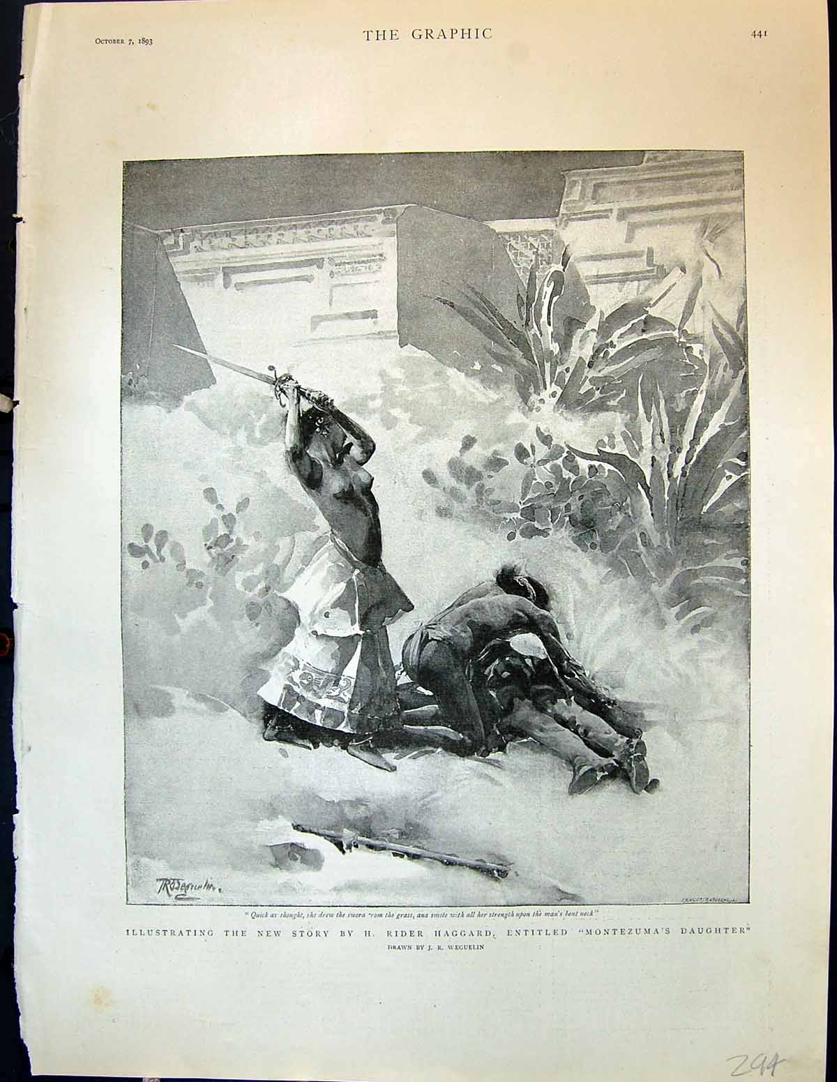 Antique Print 1893 Illustration Story Montezuma Daughter Lady Sword Haggard