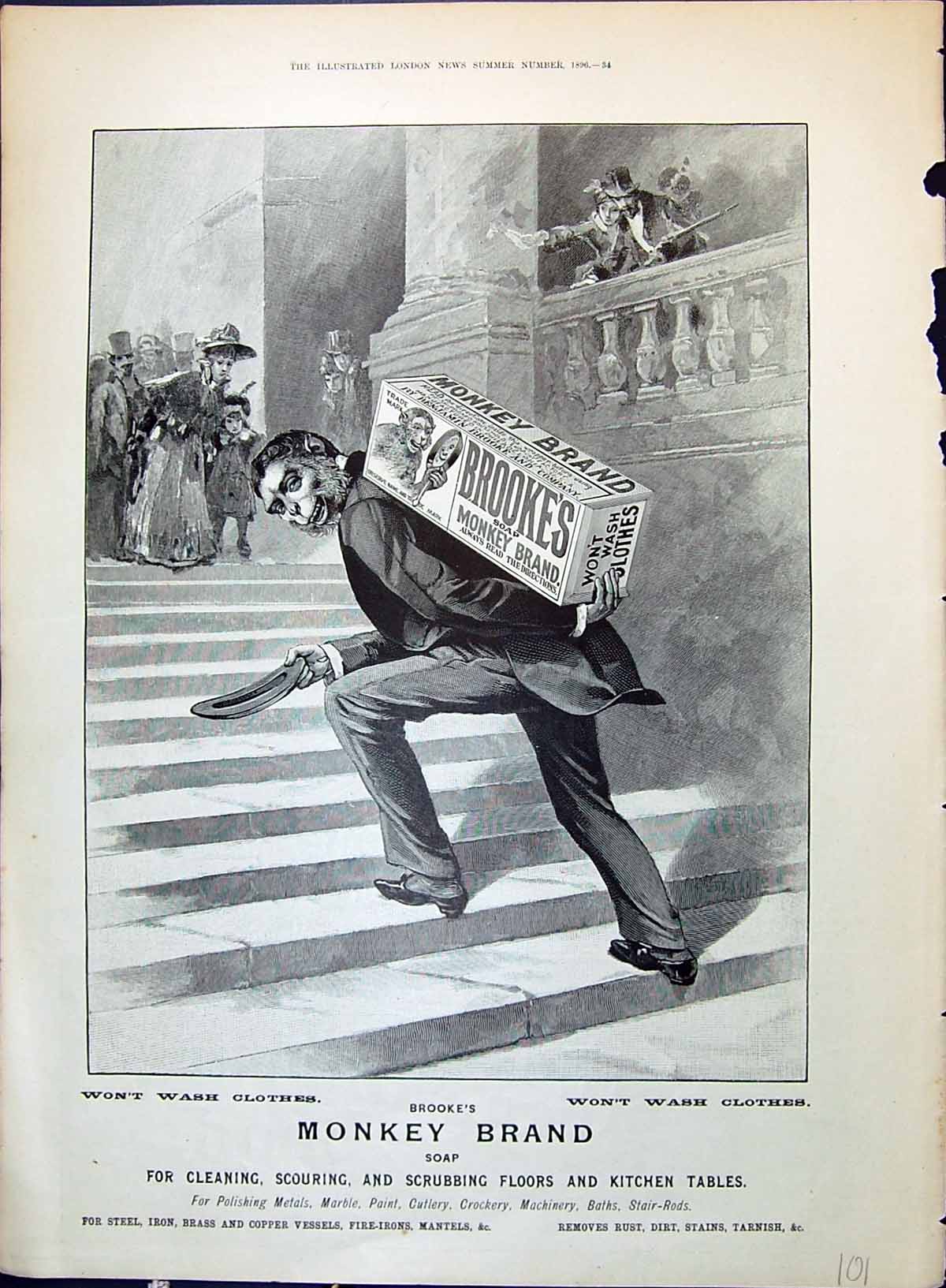 Old Print 1896 Brooke'S Monkey Brand Soap Walking Up Steps Advertisement 19th