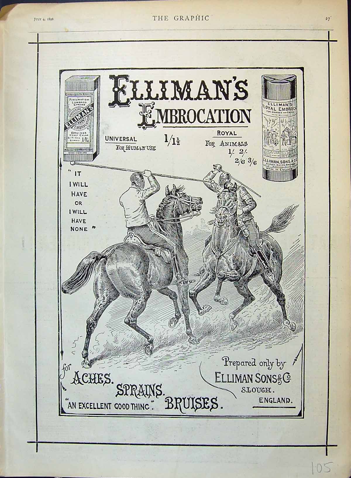 Antique Old Print 1896 Ellimans Embrocation Horses Jousting Slough England 19th