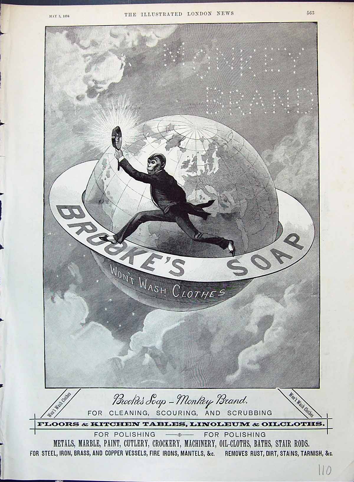 Antique Old Print Brooke'S Monkey Brand Soap World Atlas Advertisement 1894