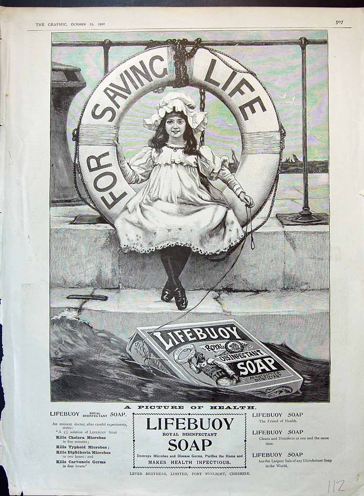 Antique Old Print Lifebuoy Soap Lever Brothers Port Sunlight Young Girl 1902