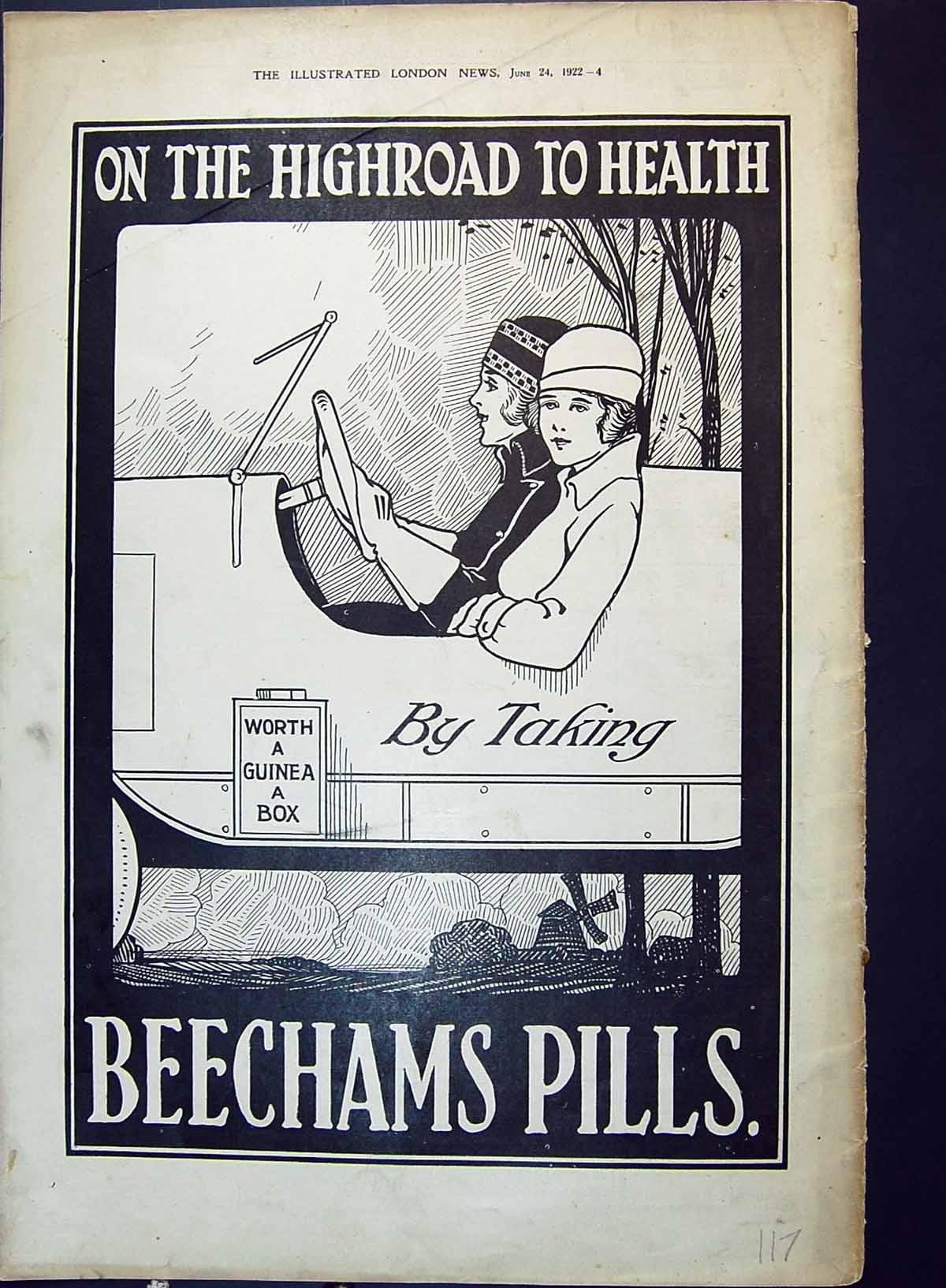 Old Print Advertisement 1922 Beechams Pills Guinea Box Ladies Driving Car 20th