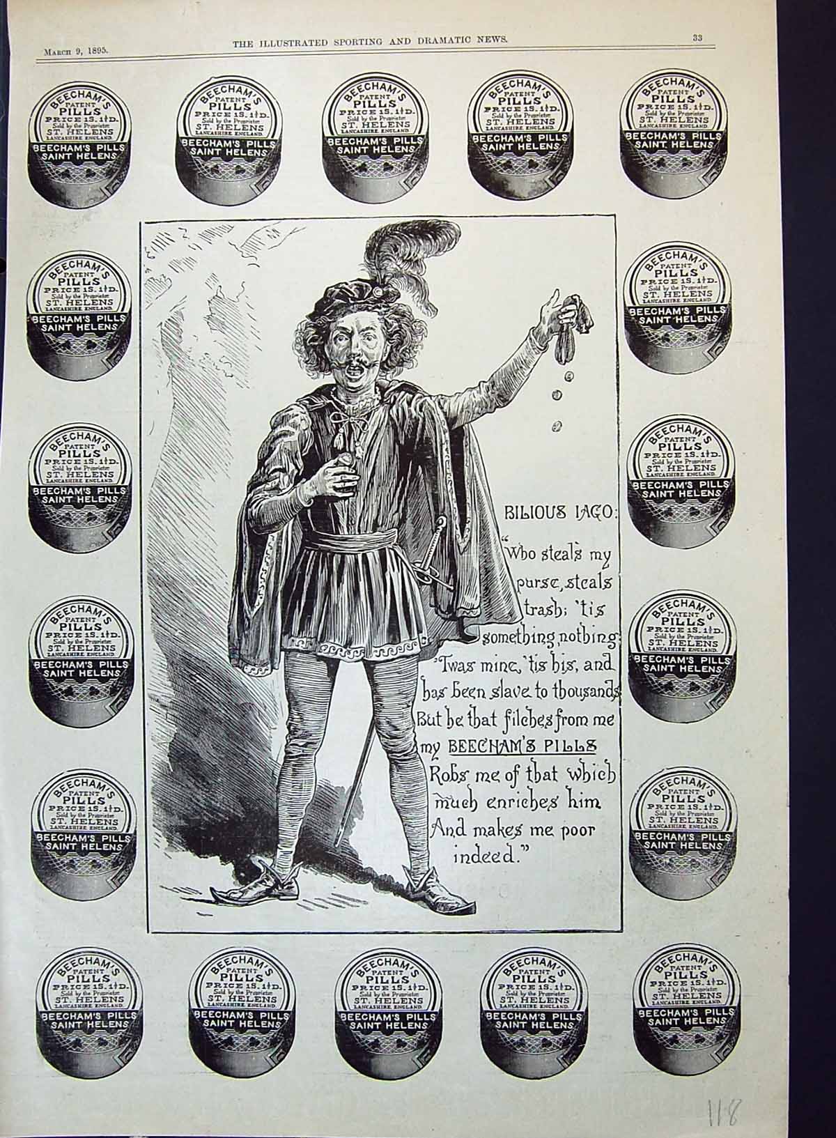 Old Print Beechams Pills Bilious Iago St. Helens Lancashire England 1895 19th
