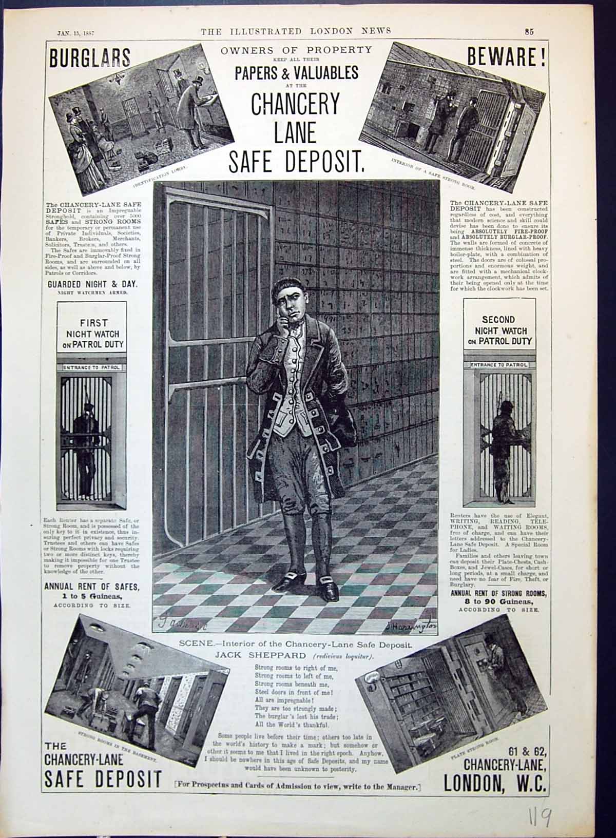 Old Print 1887 Chancery Lane Safe Deposit Plate Strong Room Jack Sheppard 19th